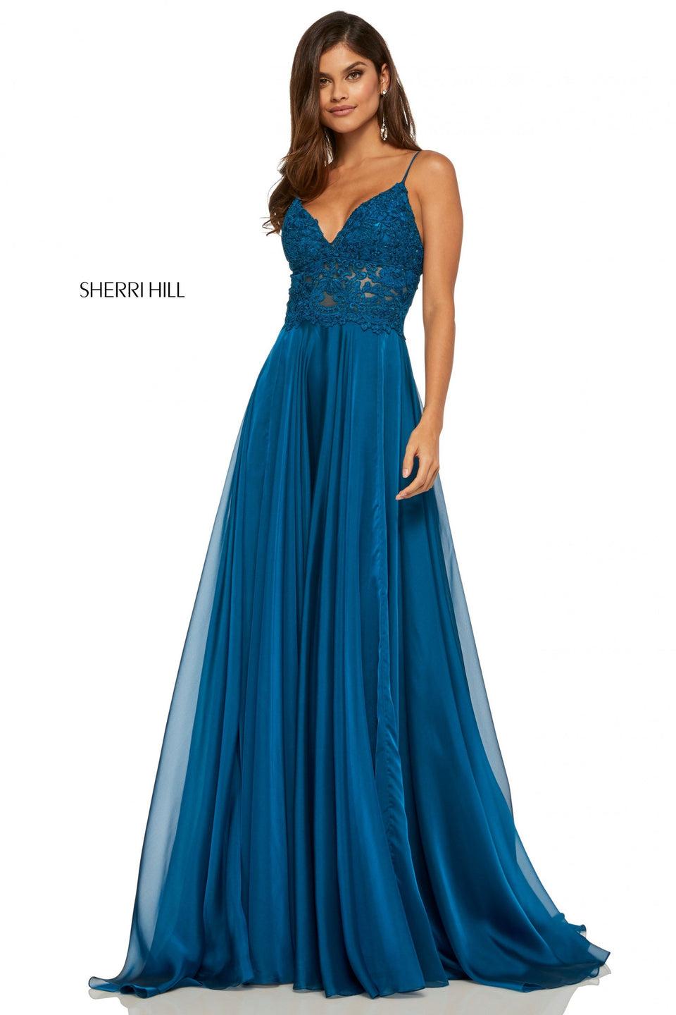 Sherri Hill Chiffon Gown With Lace V-neck Bodice With Spaghetti Straps