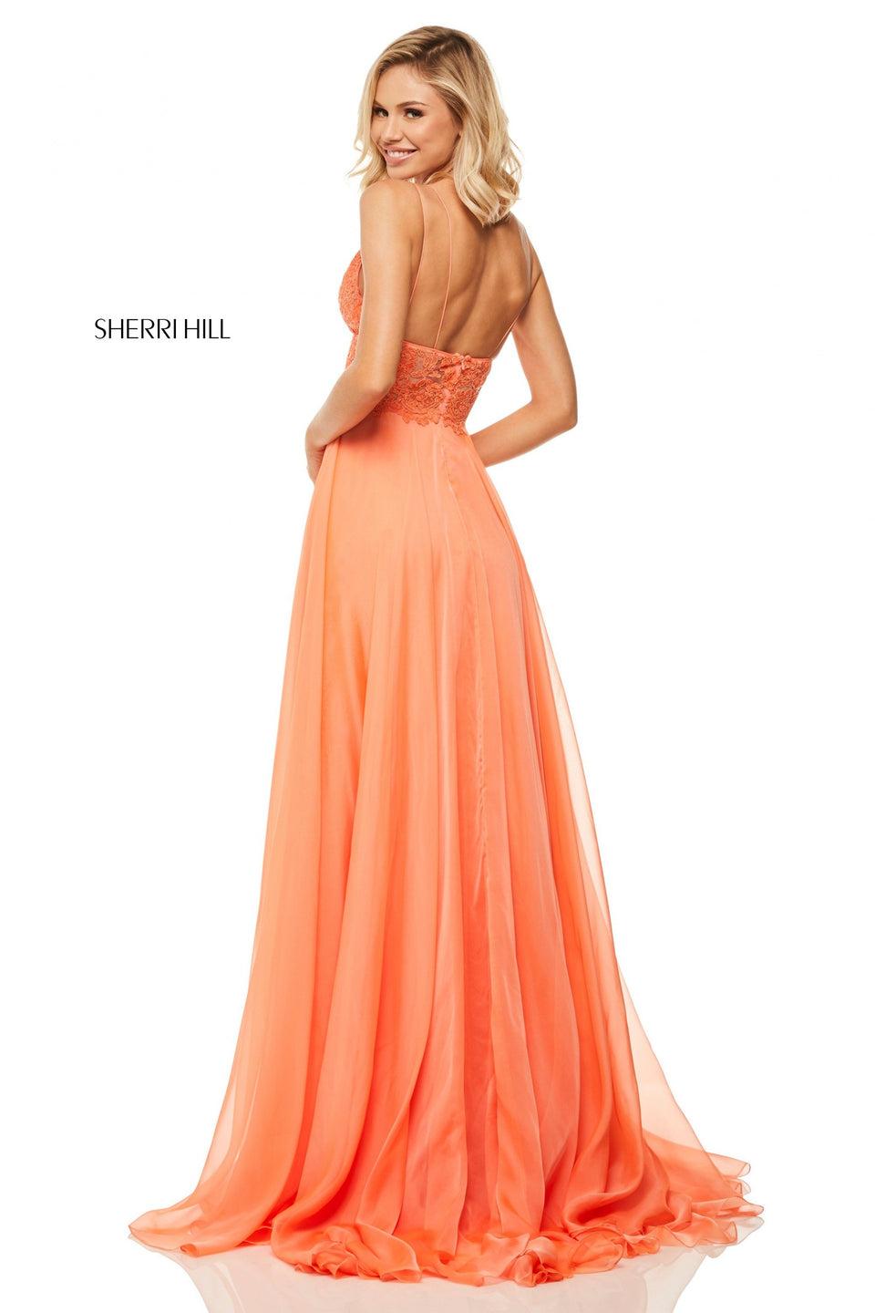 Sherri Hill Chiffon Gown With Lace V-neck Bodice With Spaghetti Straps