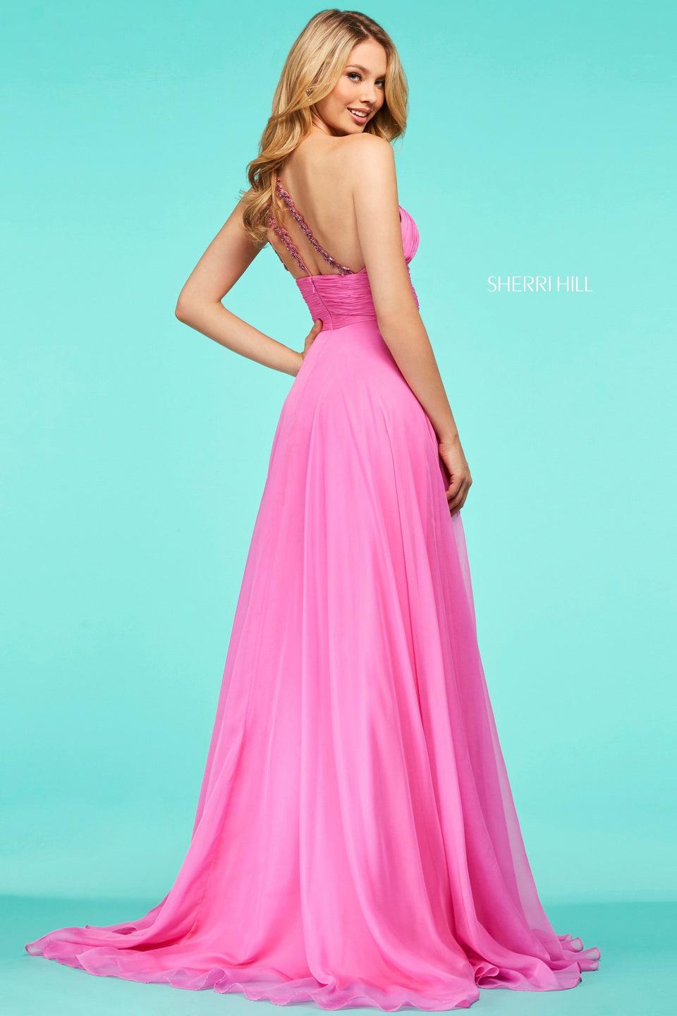 Sherri Hill Chiffon Gown With Ruched One Shoulder Bodice Embellishments On Strap And Skirt Slit