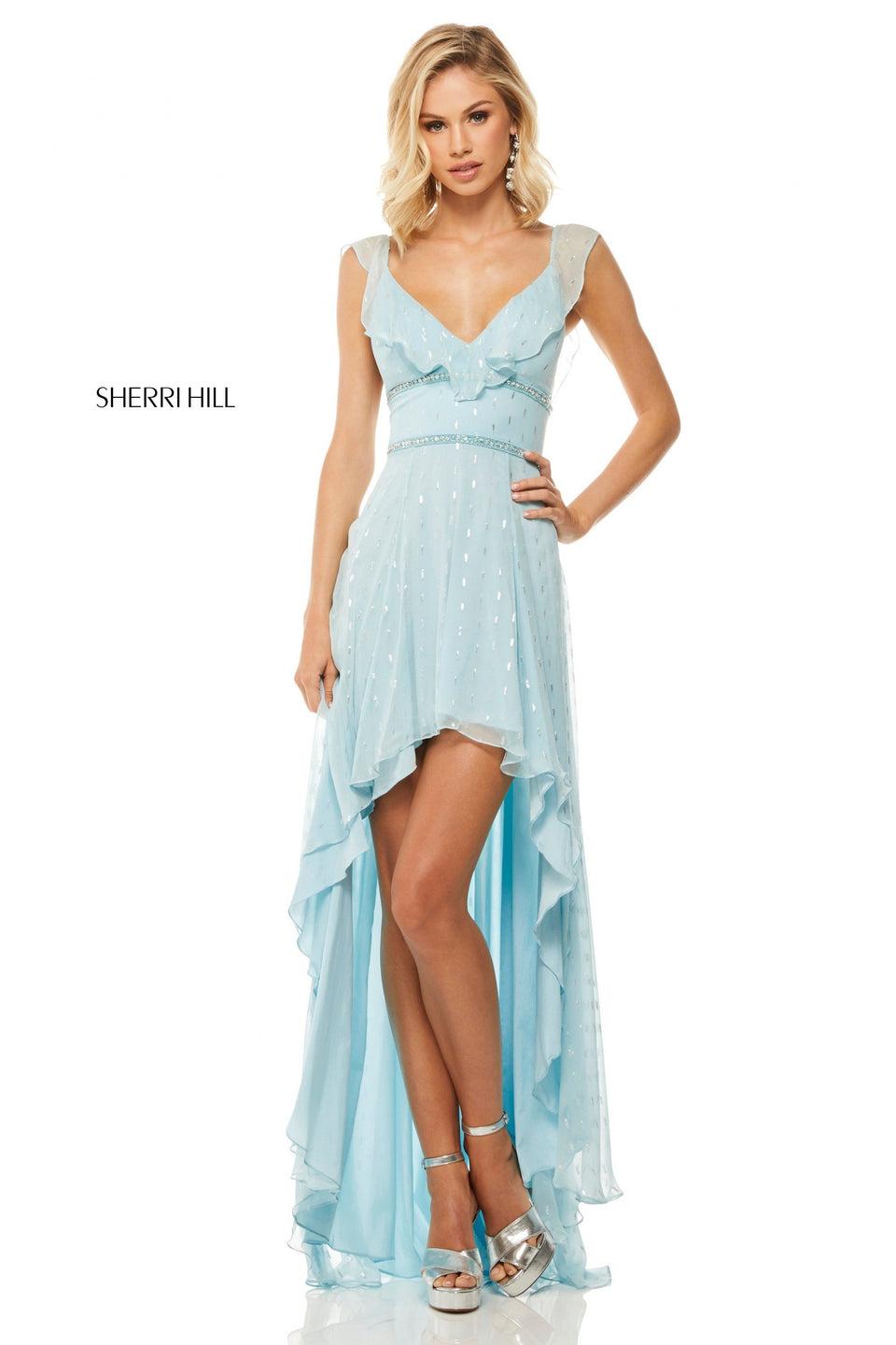 sherri hill Chiffon high-low with ruffle neckline and metallic print detailing