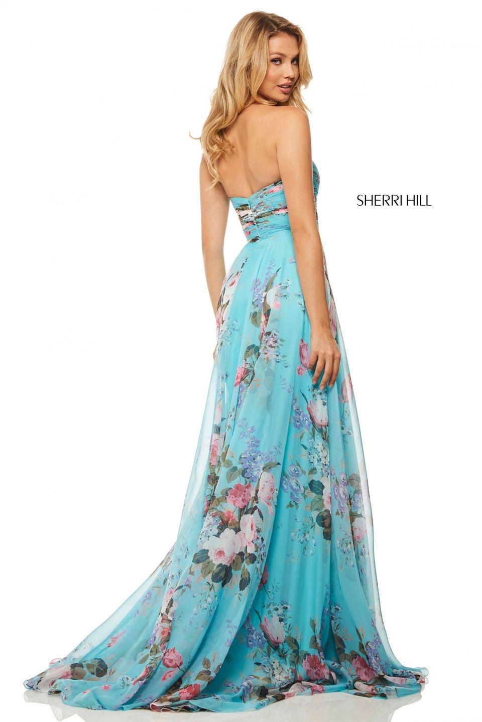 Sherri Hill Chiffon Strapless Floral Printed Gown With A Slit And Ruched Bodice