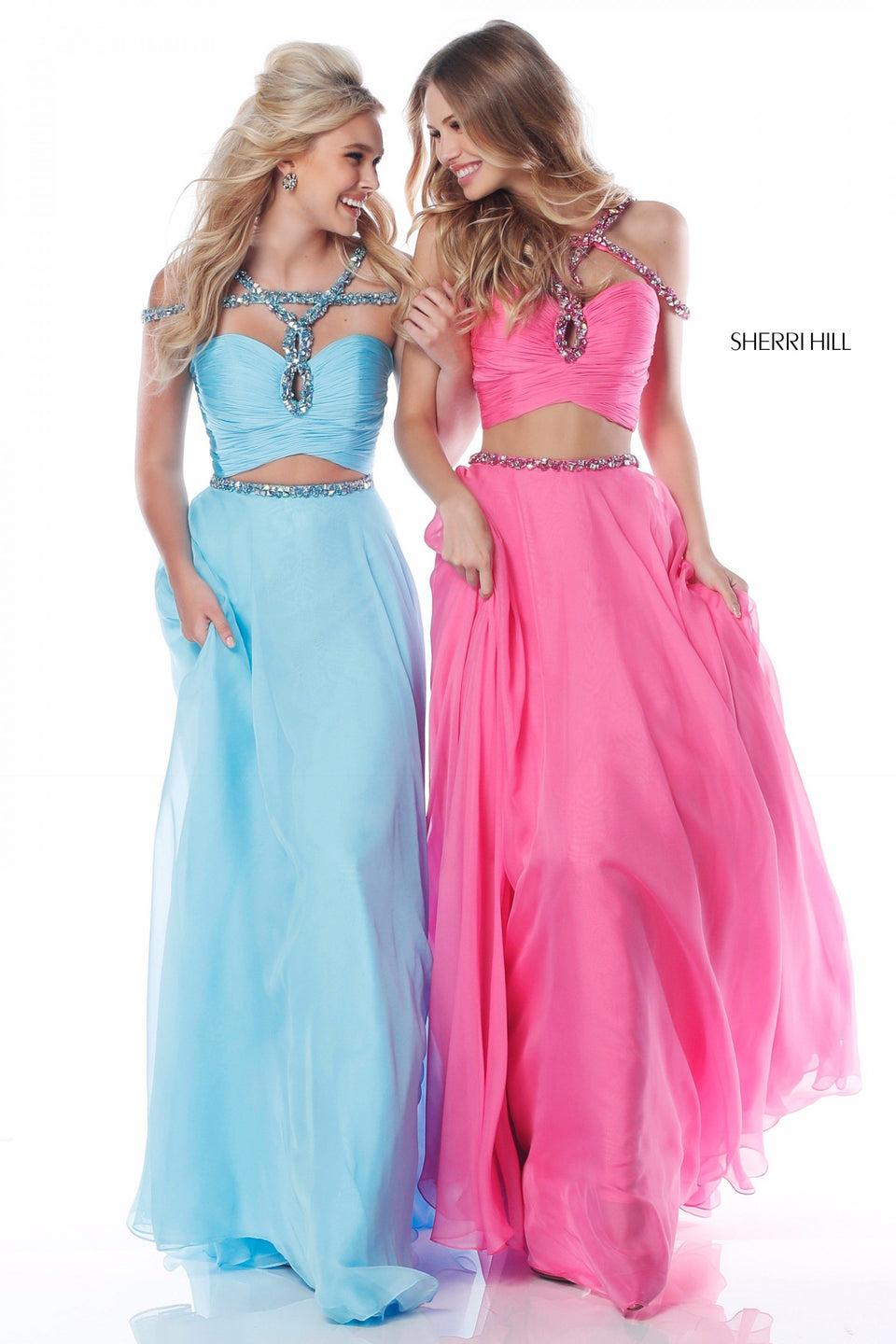 sherri hill Chiffon two piece with beaded strap and belt detail