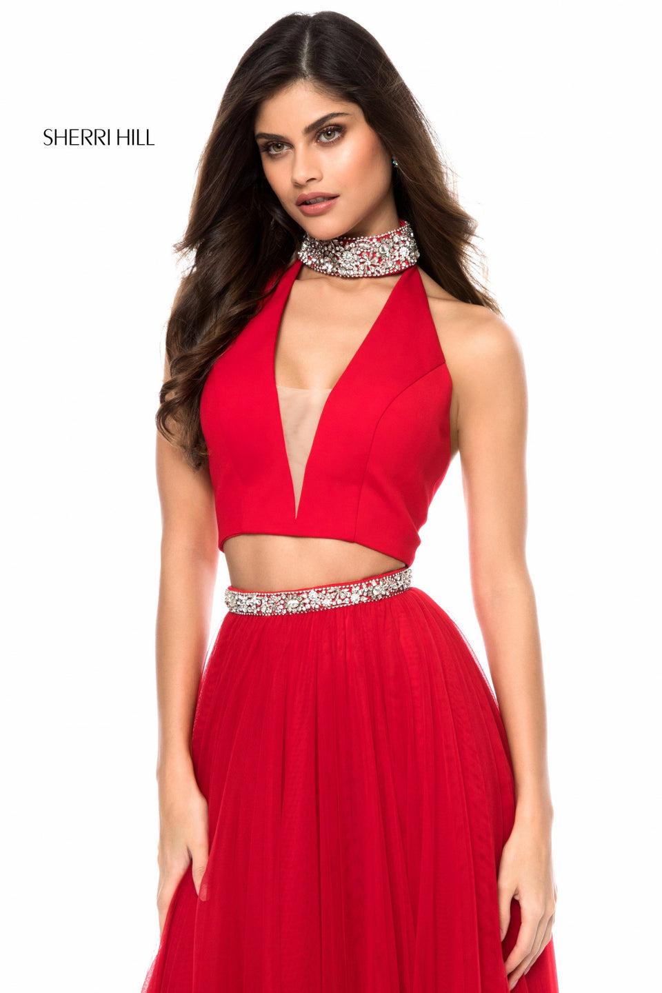 Sherri Hill Chiffon Two Piece With Deep V Bodice And Beaded Choker And Belt