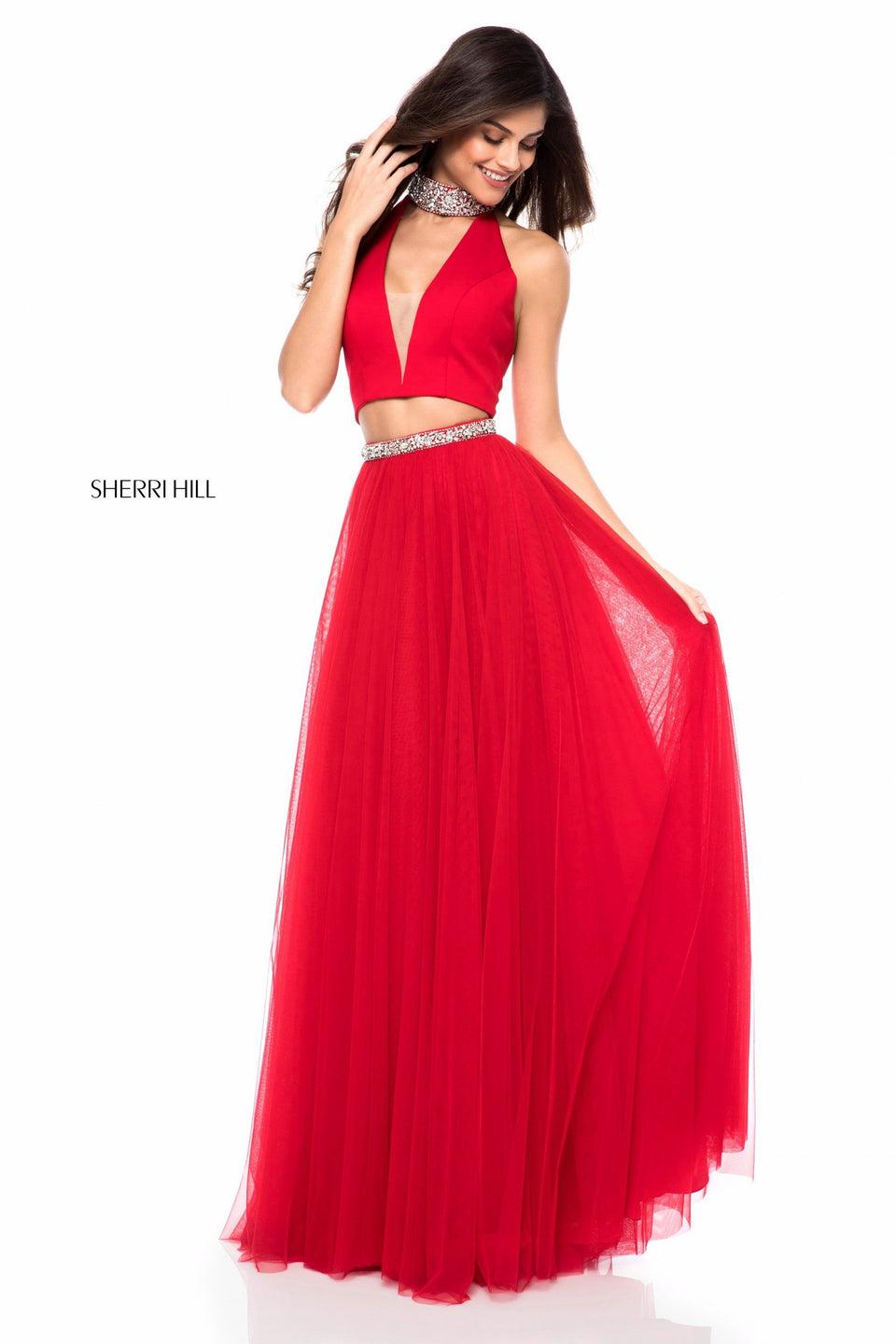 sherri hill Chiffon two piece with deep V bodice and beaded choker and belt