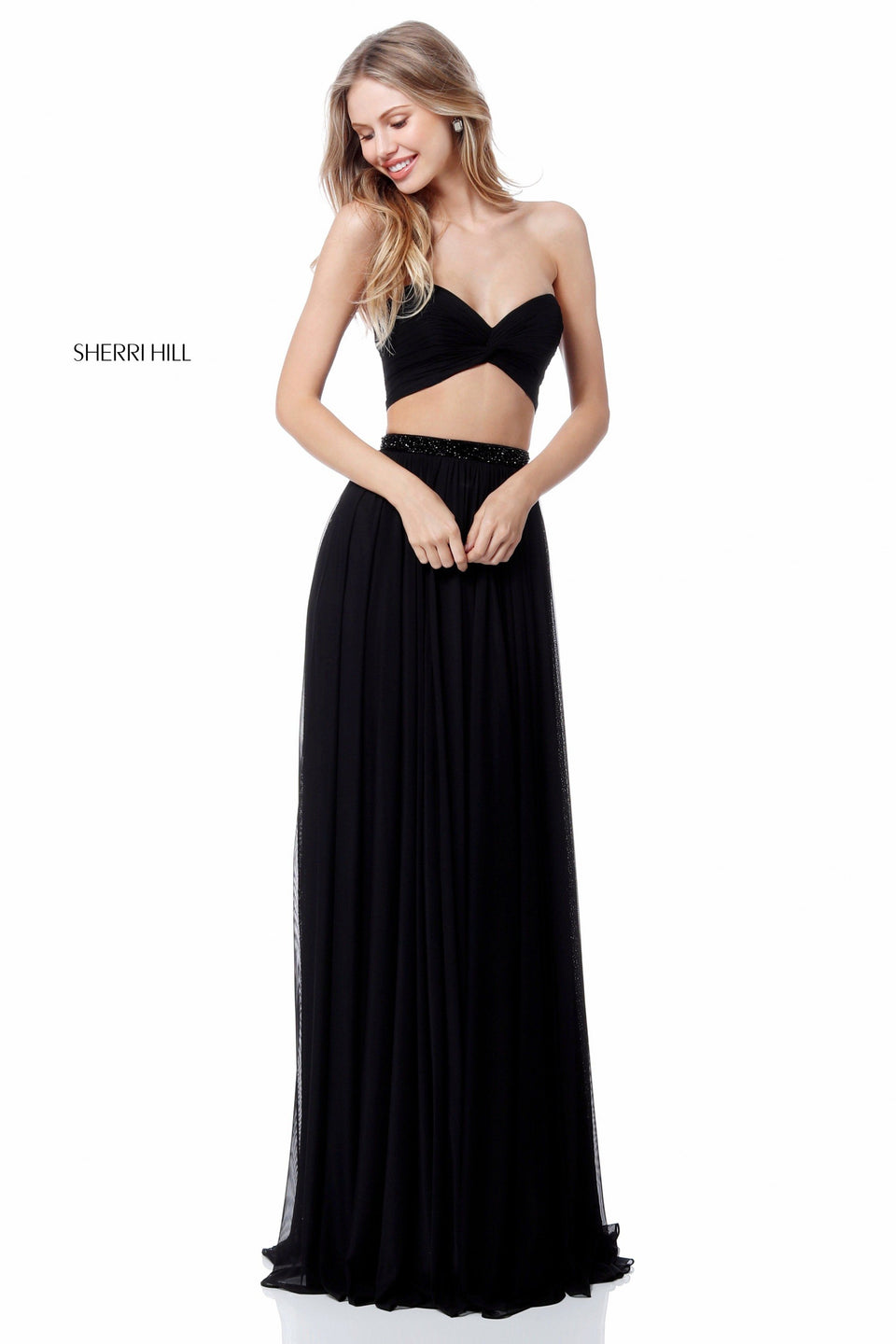 sherri hill Chiffon two piece with front cross bandeau and slit skirt with beaded belt
