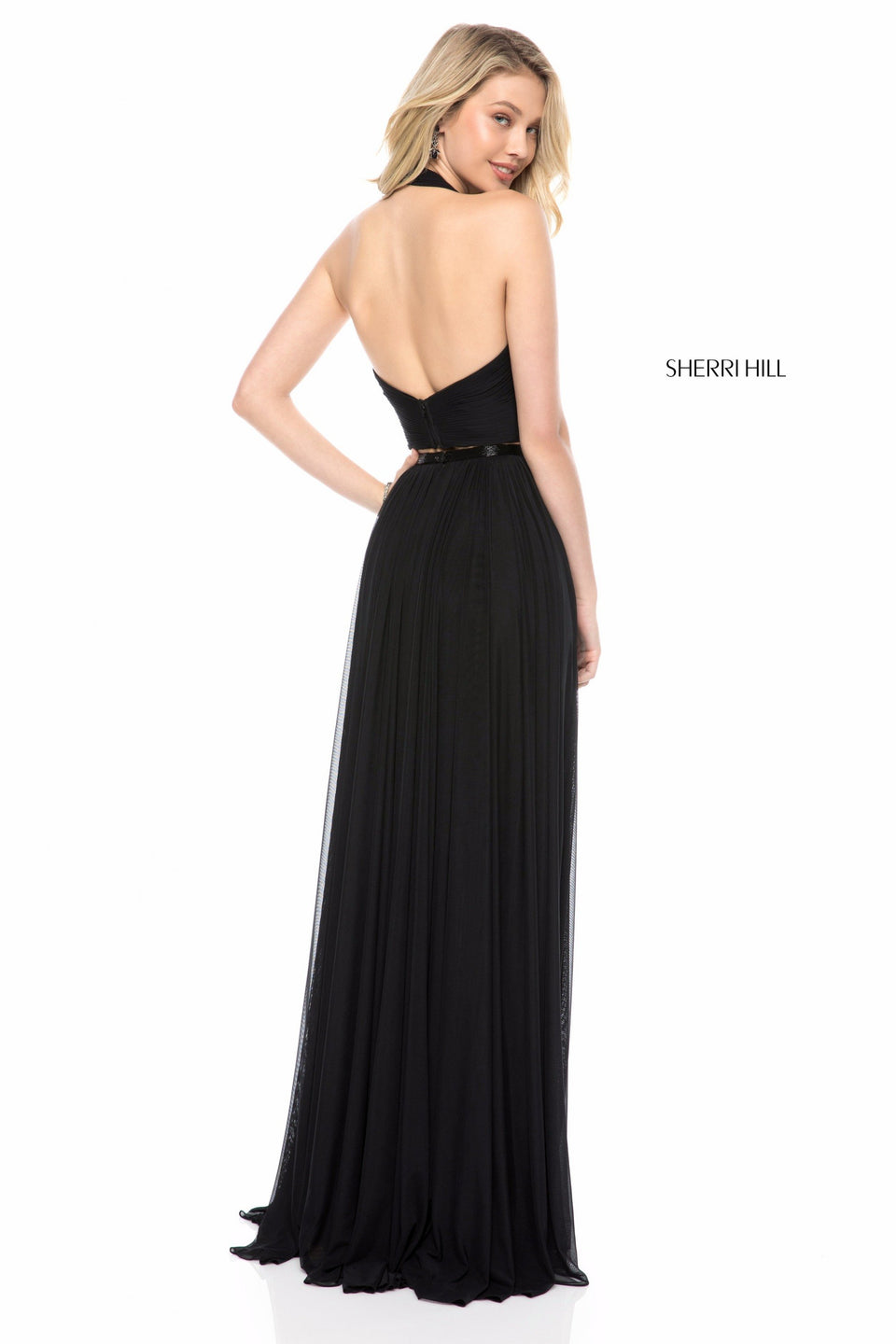 Sherri Hill Chiffon Two Piece With Front Cross Halter Bodice