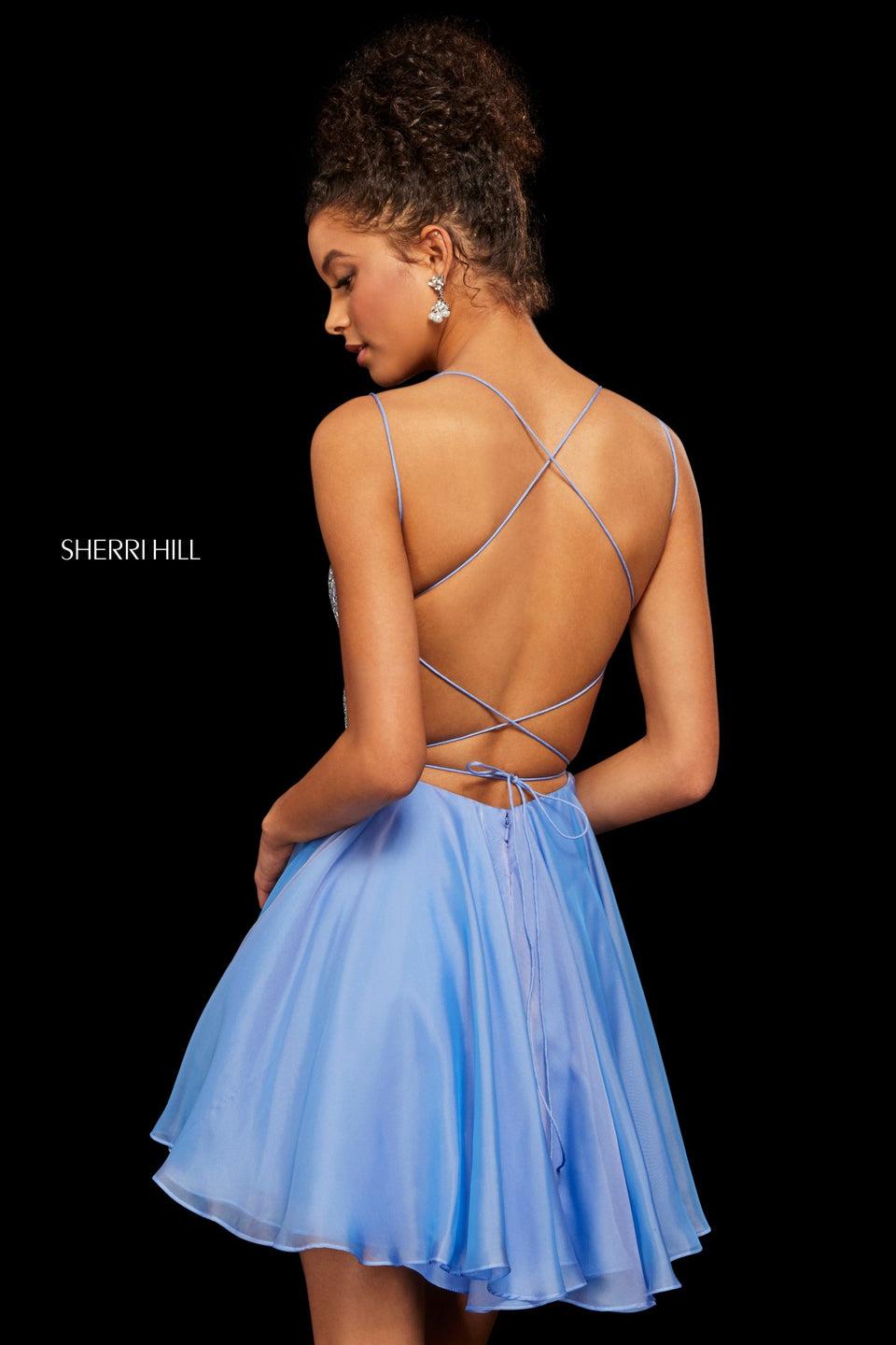 Sherri Hill Cocktail Dress With Bugle Beaded Lace Up Back Bodice And Chiffon Skirt