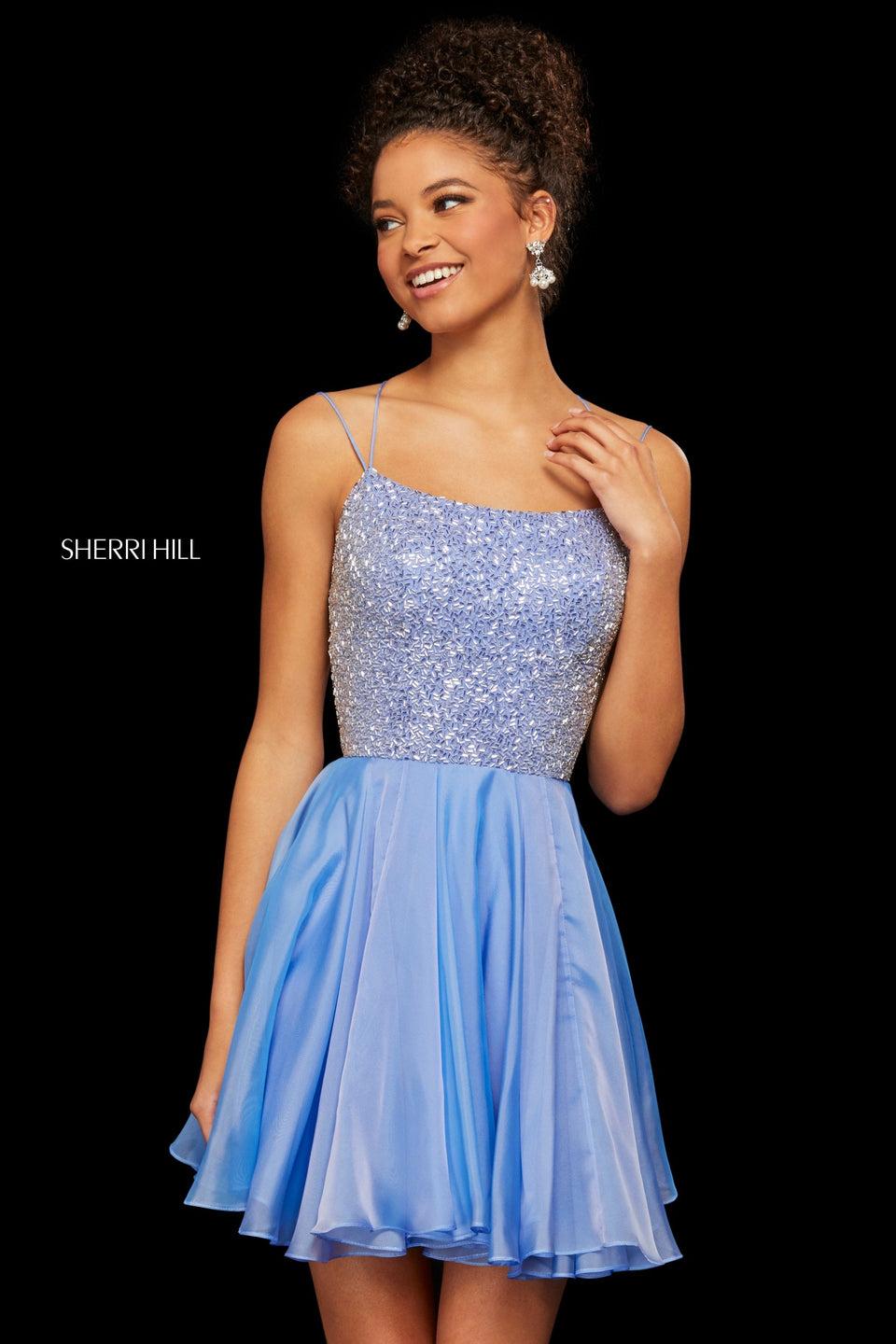 Sherri Hill Cocktail Dress With Bugle Beaded Lace Up Back Bodice And Chiffon Skirt