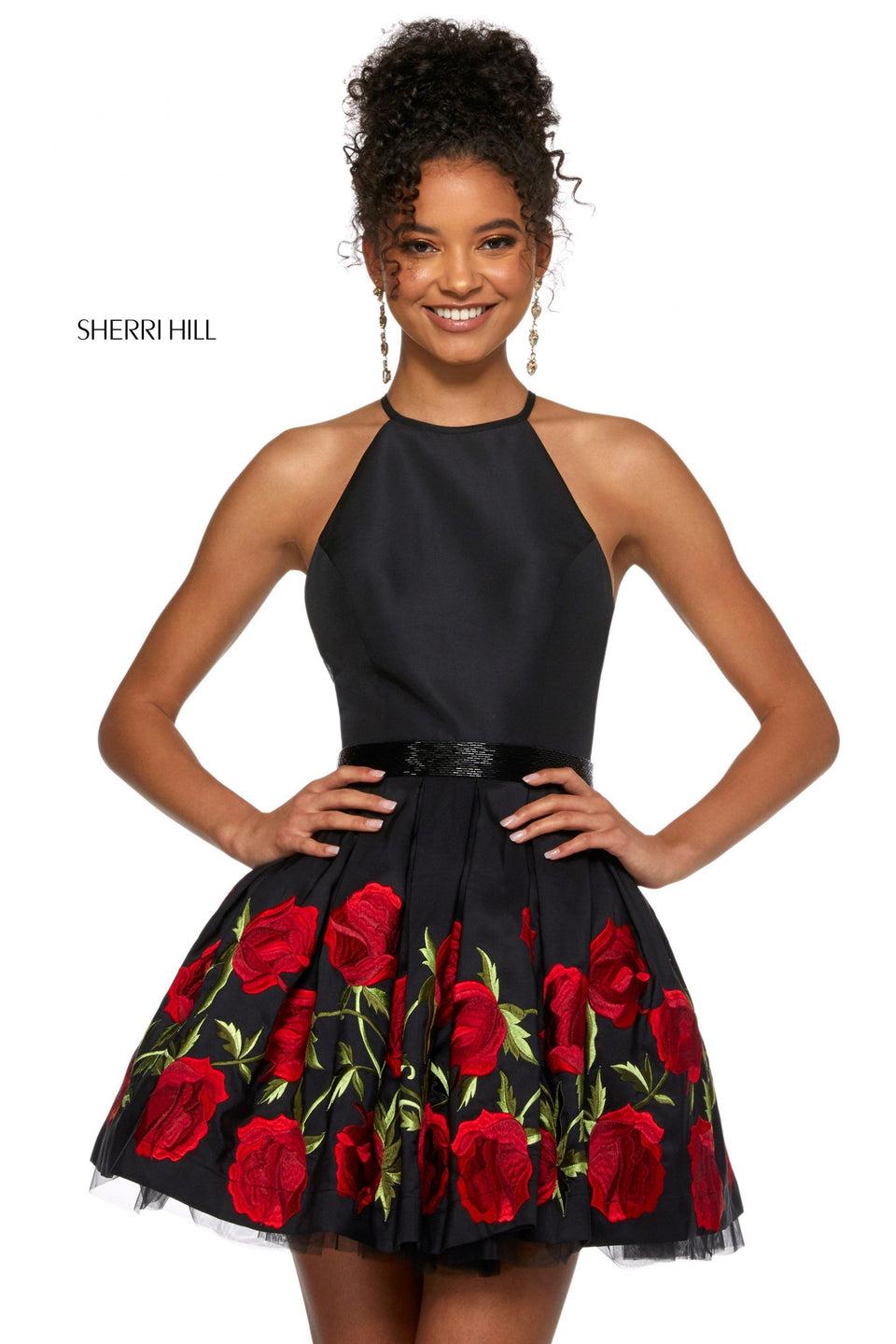 sherri hill Cocktail dress with high halter style neckline illusion side cut outs beaded belt and full A-line skirt with rose embroidery