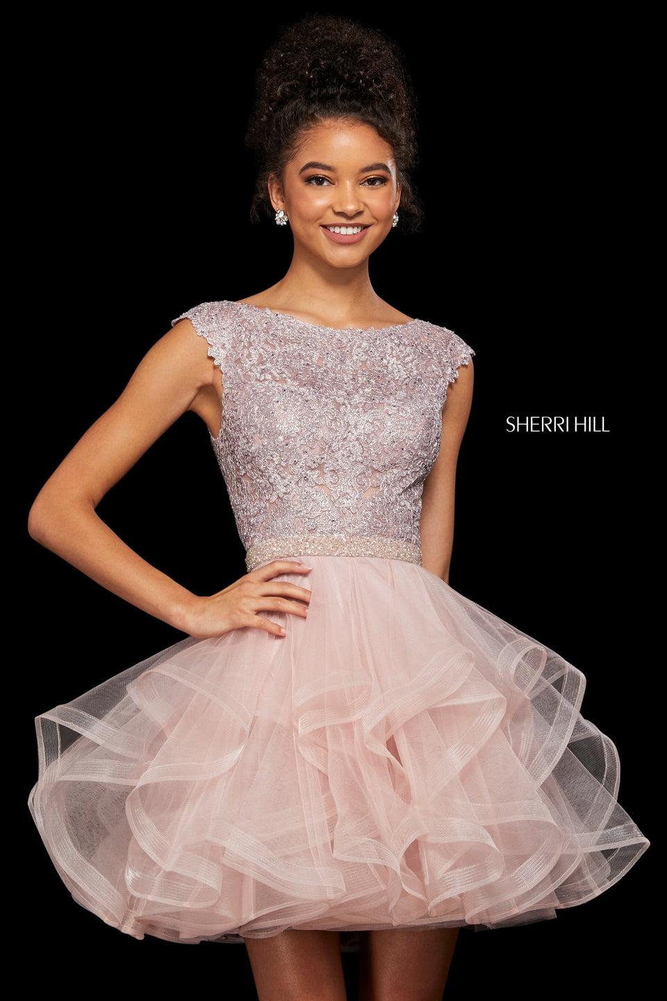 Sherri Hill Cocktail Dress With Metallic Lace Cap Sleeve Bodice With Lace Up Back And Full Ruffle Tulle Skirt