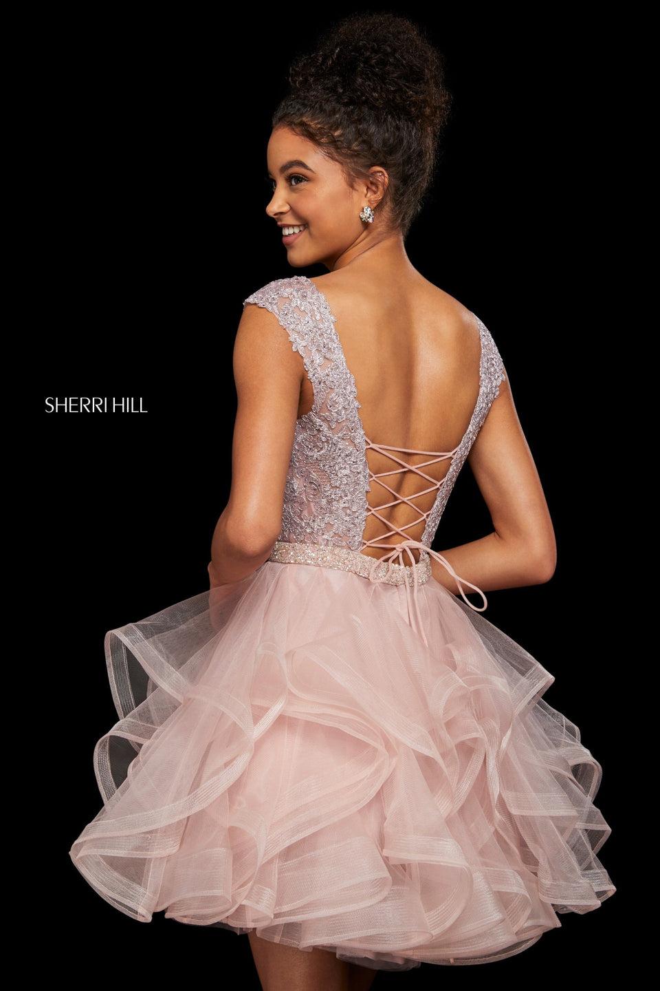 Sherri Hill Cocktail Dress With Metallic Lace Cap Sleeve Bodice With Lace Up Back And Full Ruffle Tulle Skirt