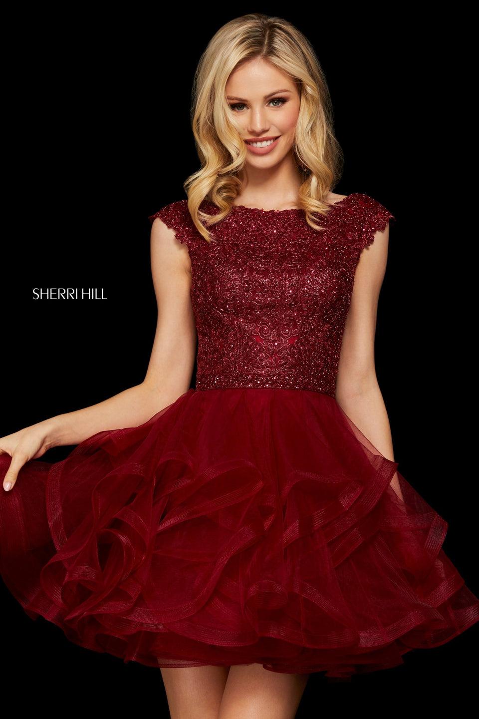 sherri hill Cocktail dress with metallic lace cap sleeve bodice with lace up back and full ruffle tulle skirt
