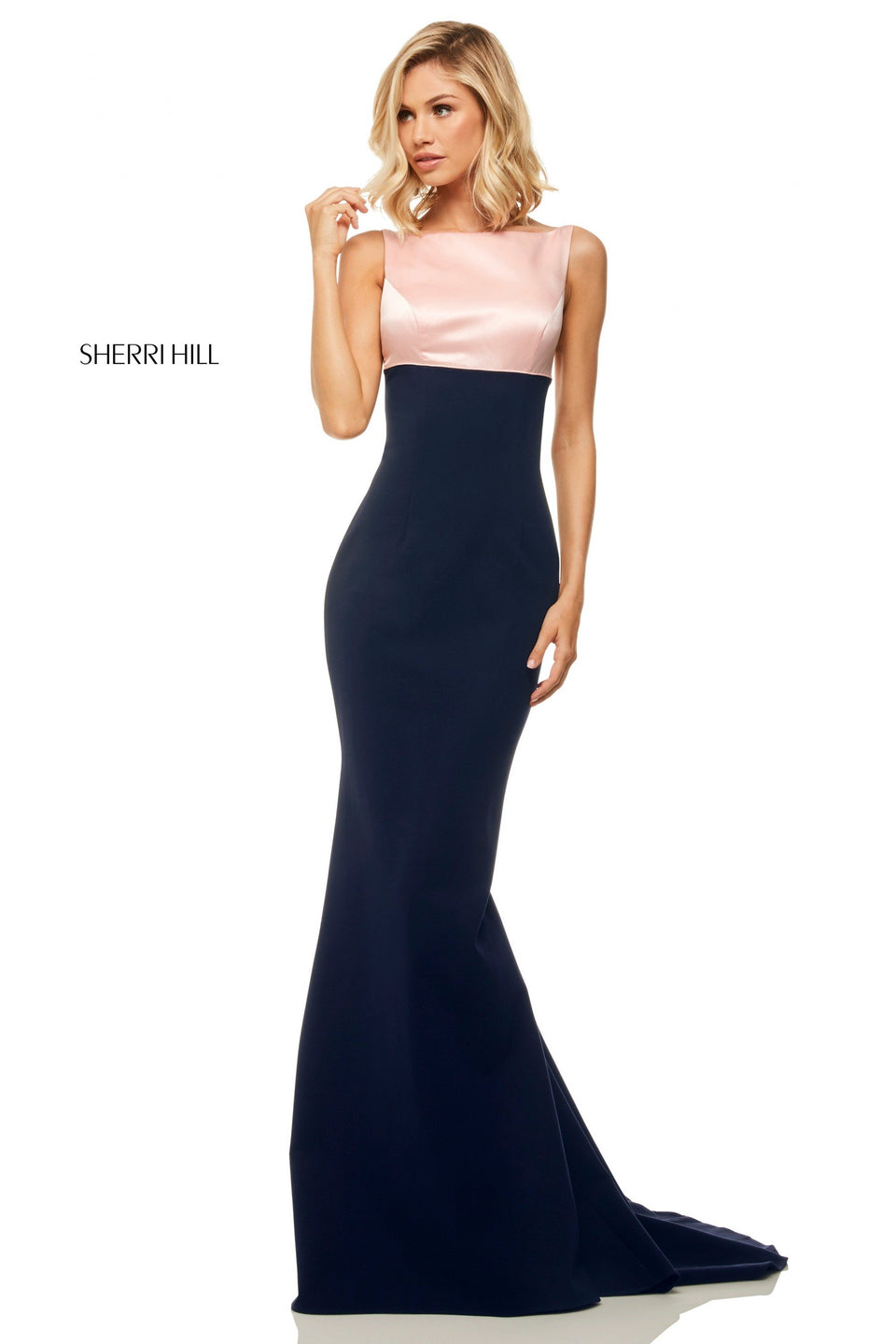 sherri hill Color blocked fit-and-flare with scuba skirt and satin top