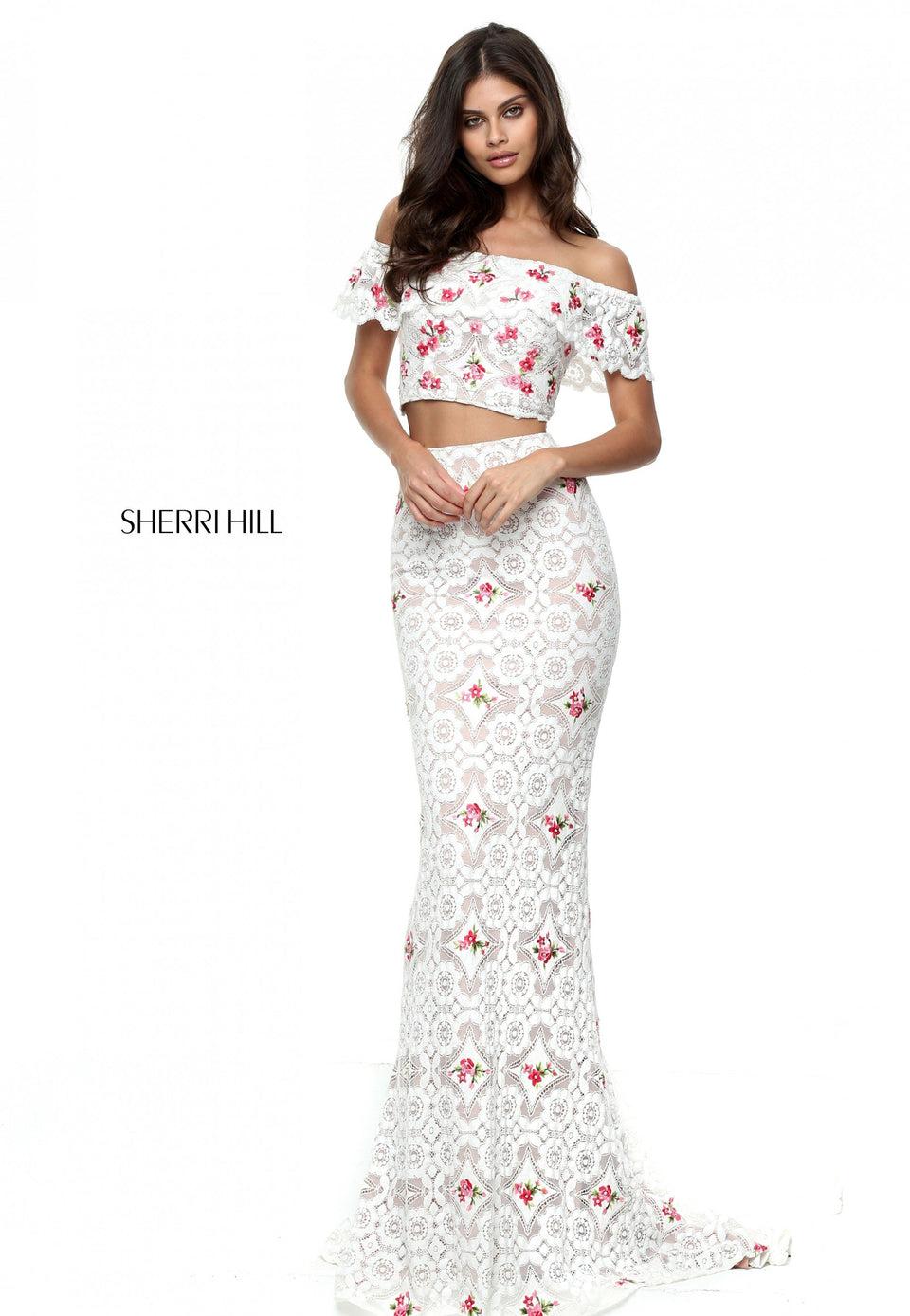Sherri Hill Crochet Two Piece With Off-the-shoulder Bodice And Fitted Mermaid Skirt