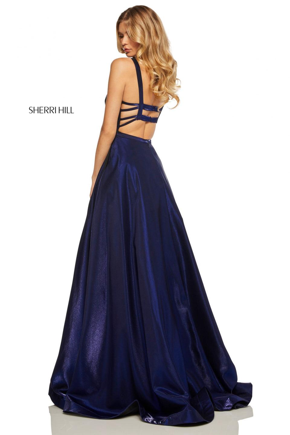 sherri hill Cross dyed shimmer A-line gown with a strappy open back