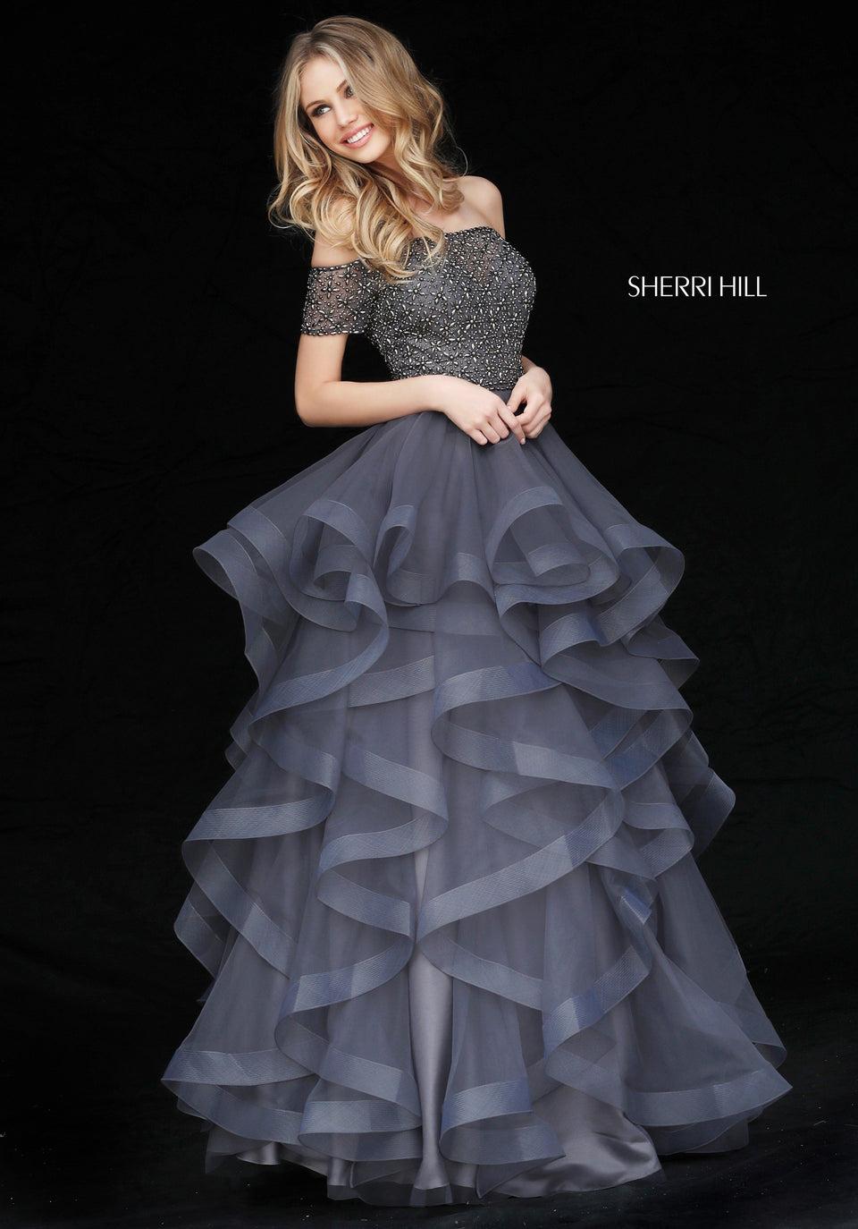 Sherri Hill Cross Stitch Beaded Off-the-shoulder Bodice And Ruffle Tulle Ball Gown Skirt