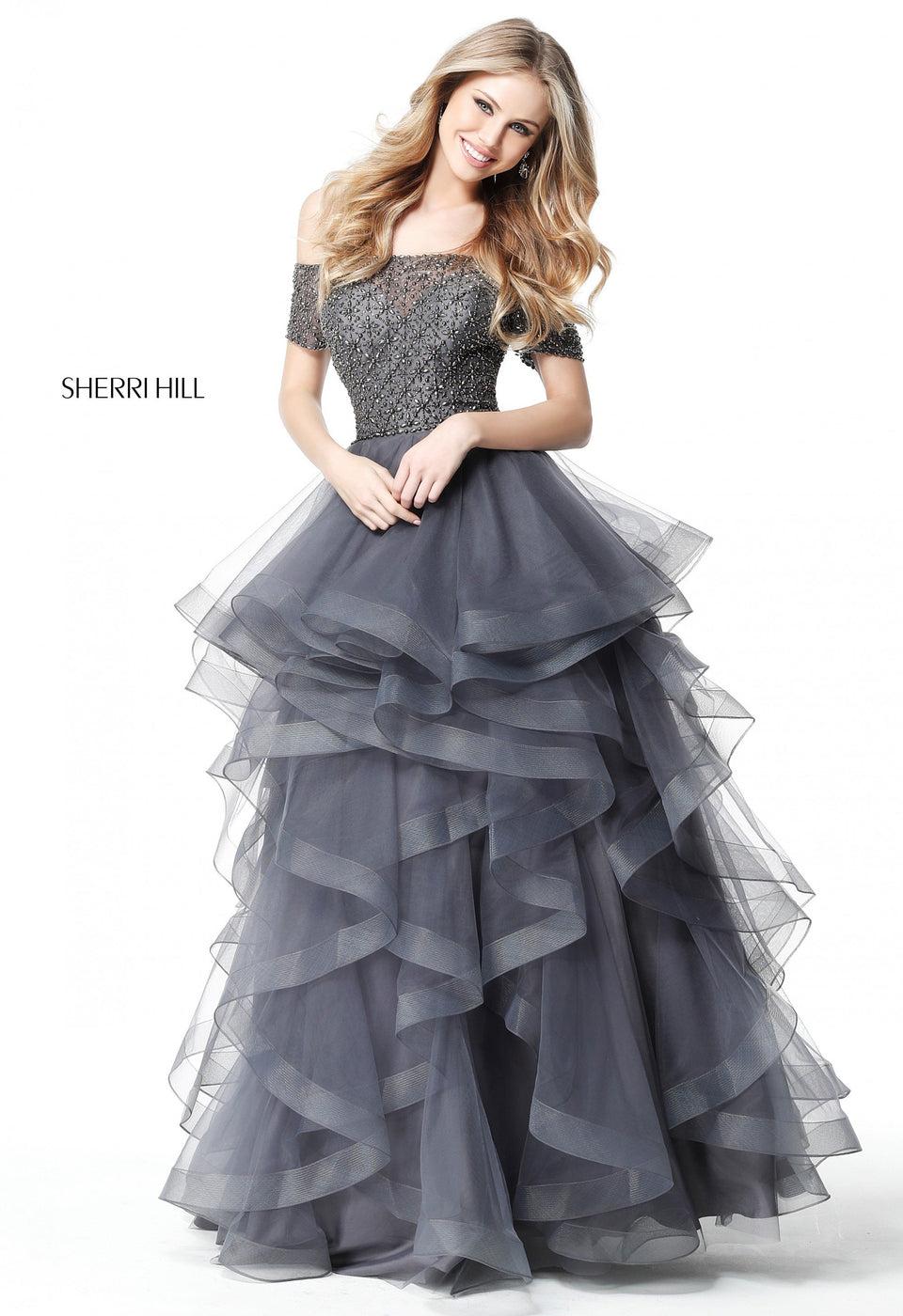 Sherri Hill Cross Stitch Beaded Off-the-shoulder Bodice And Ruffle Tulle Ball Gown Skirt