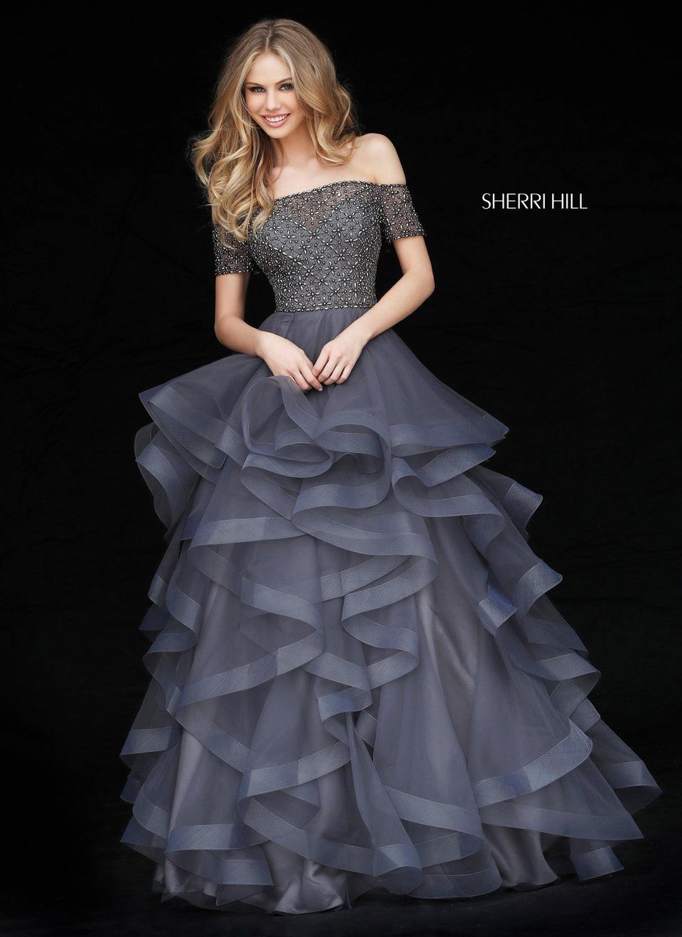 sherri hill Cross stitch beaded off-the-shoulder bodice and ruffle tulle ball gown skirt