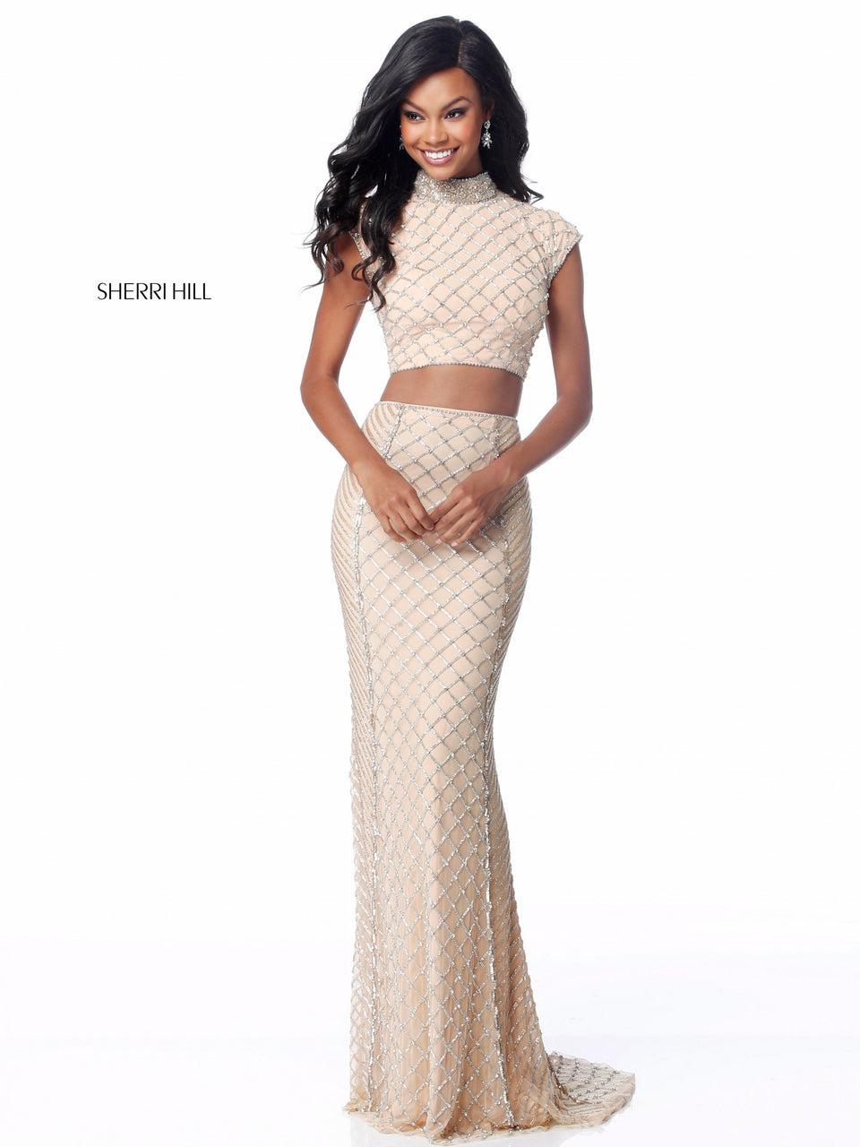 sherri hill Cross stitch embroidered fitted two piece with high neck bodice