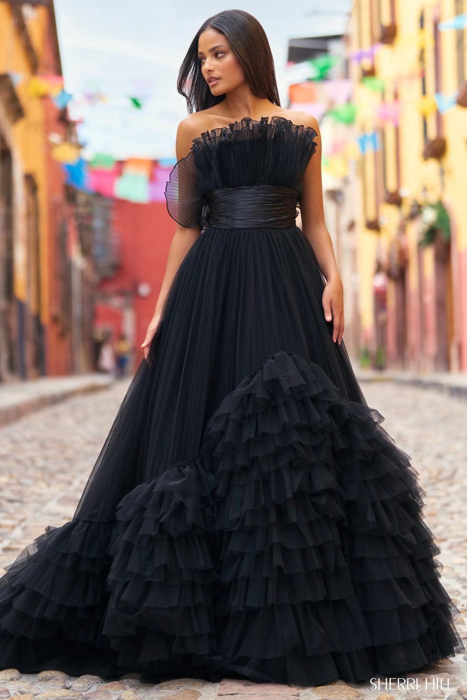 Sherri Hill Crumb Catcher Ball Gown With Satin Bodice And Ruffle Skirt