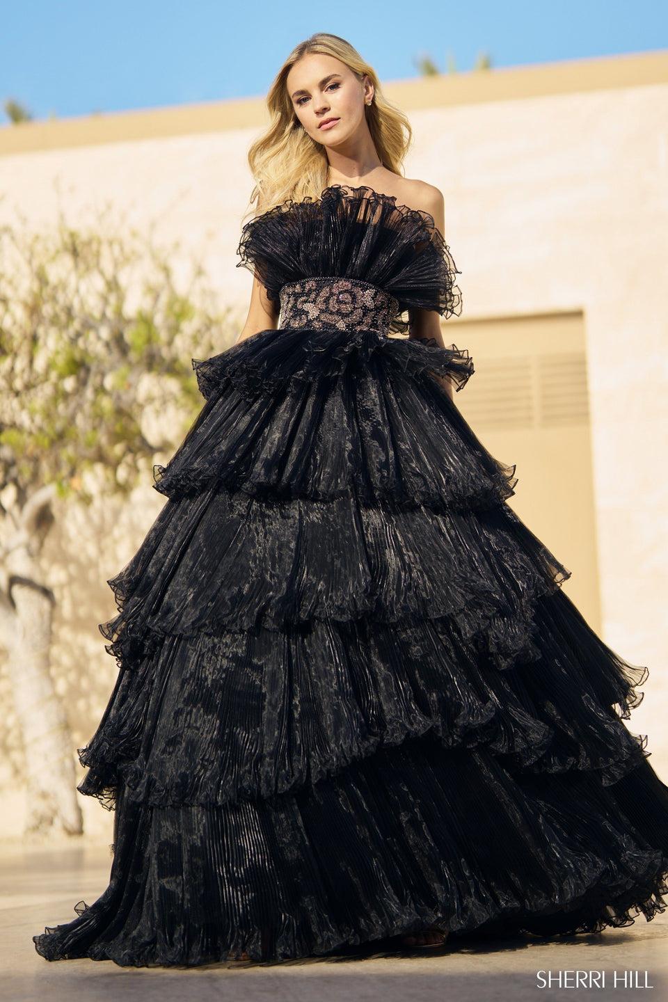sherri hill Crumb catcher organza pleated ball gown with ruffle tiered skirt and beaded artwork on bodice