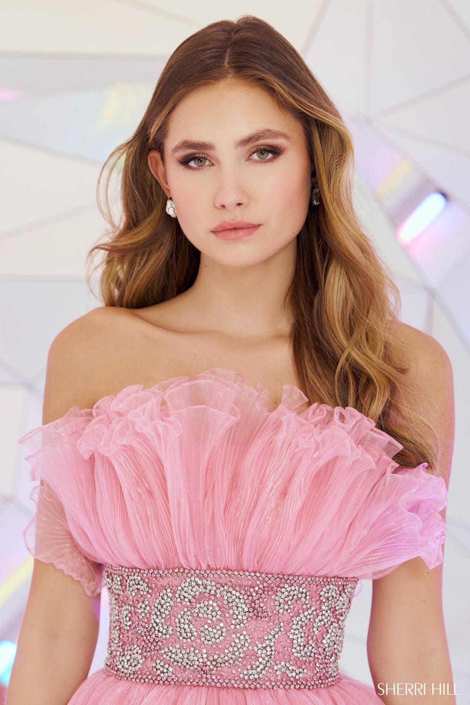 Sherri Hill Crumb Catcher Organza Pleated Cocktail Dress With Ruffle Tiered Skirt And Beaded Artwork On Waistline