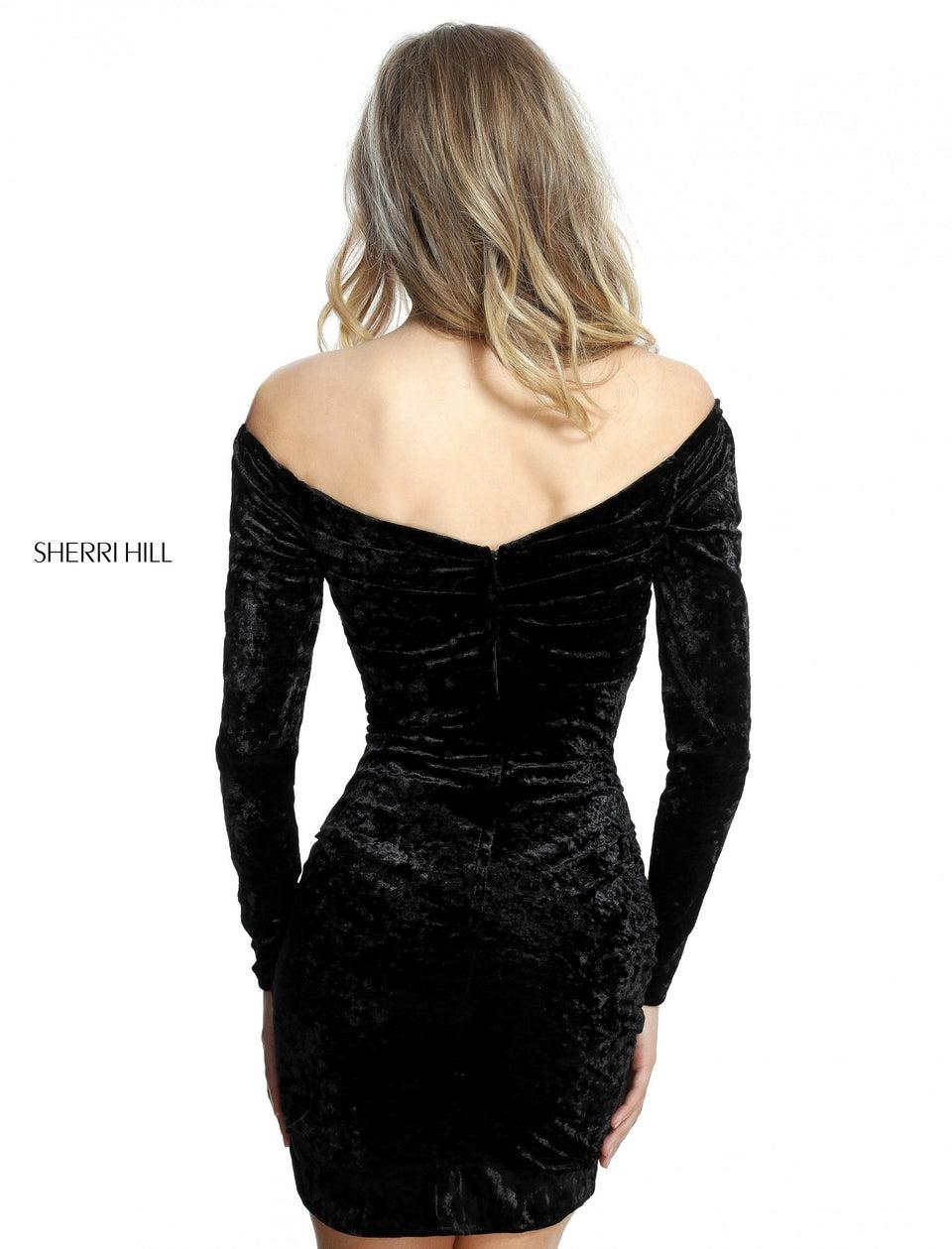 Sherri Hill Crushed Velvet Cocktail With Long Sleeve Off-the-shoulder Bodice