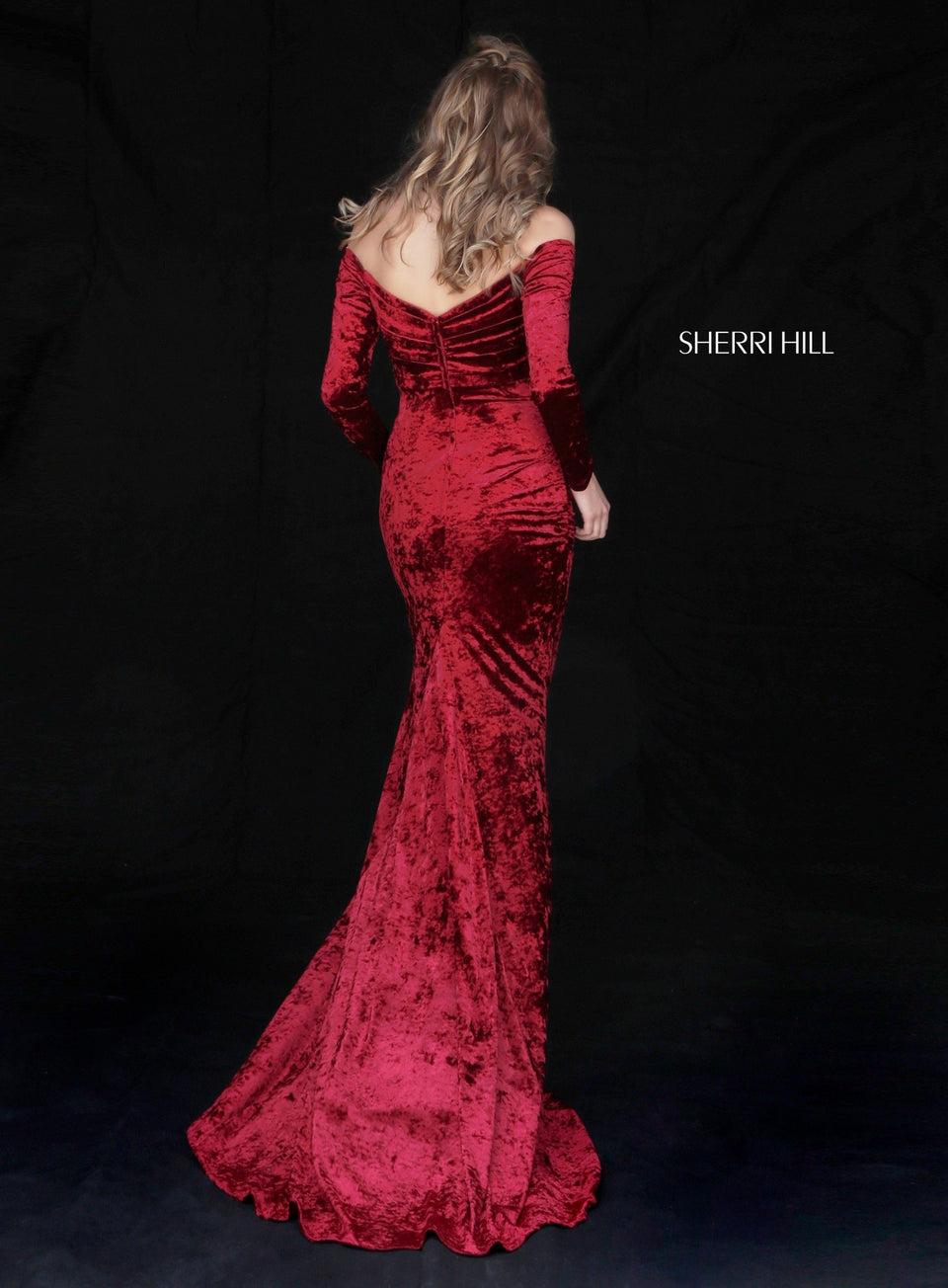 Sherri Hill Crushed Velvet Mermaid Gown With Off-the-shoulder Long Sleeves
