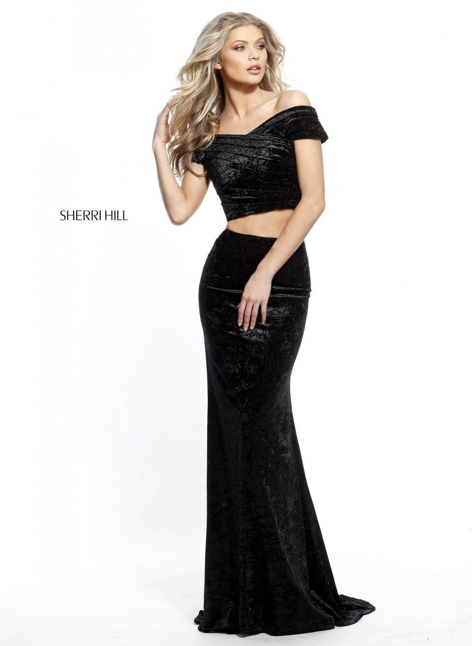 Sherri Hill Crushed Velvet Two Piece With Criss Cross Off-the-shoulder Bodice And Mermaid Skirt