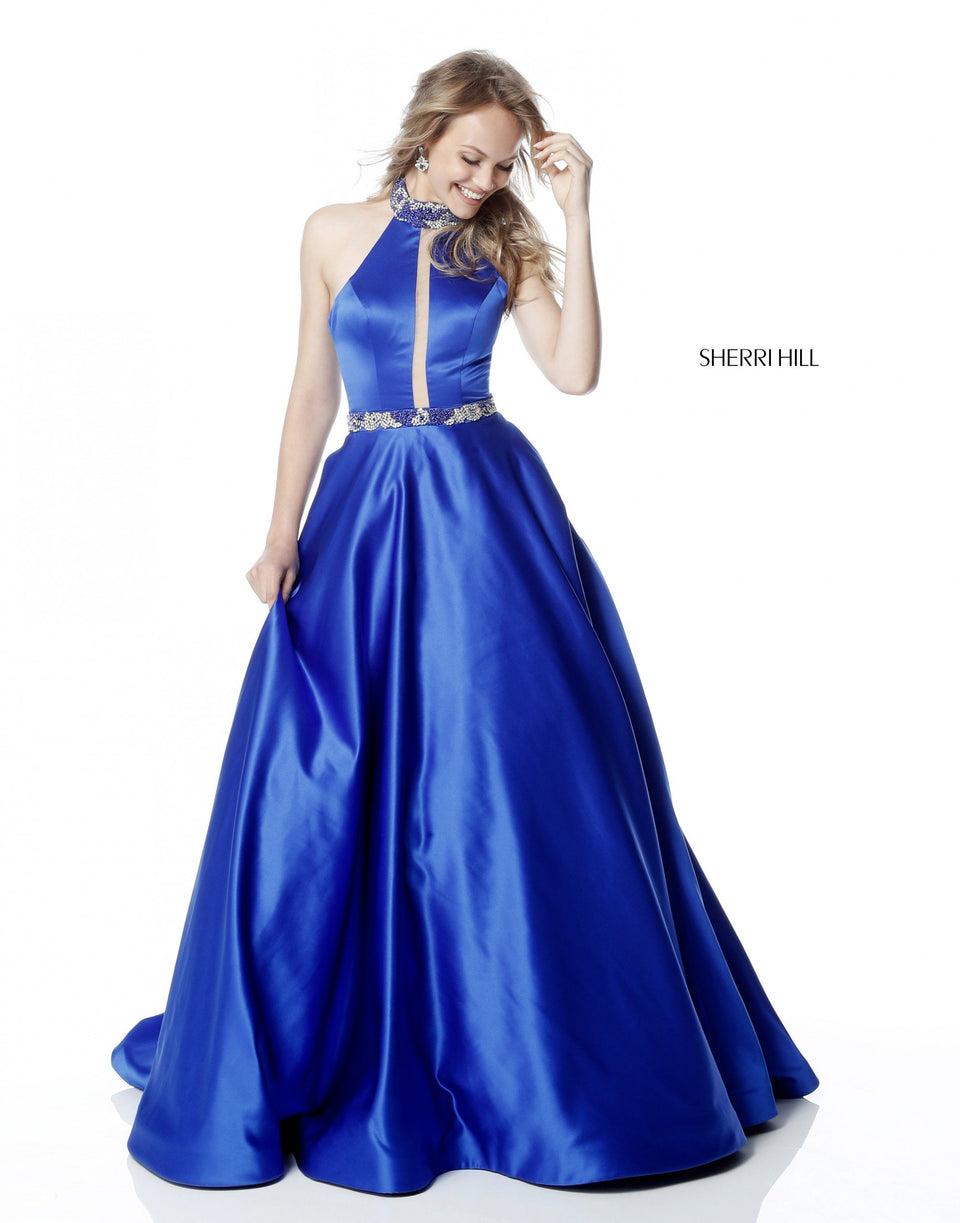 Sherri Hill Cut Out Halter Bodice Ball Gown With Beaded Neck And Belt