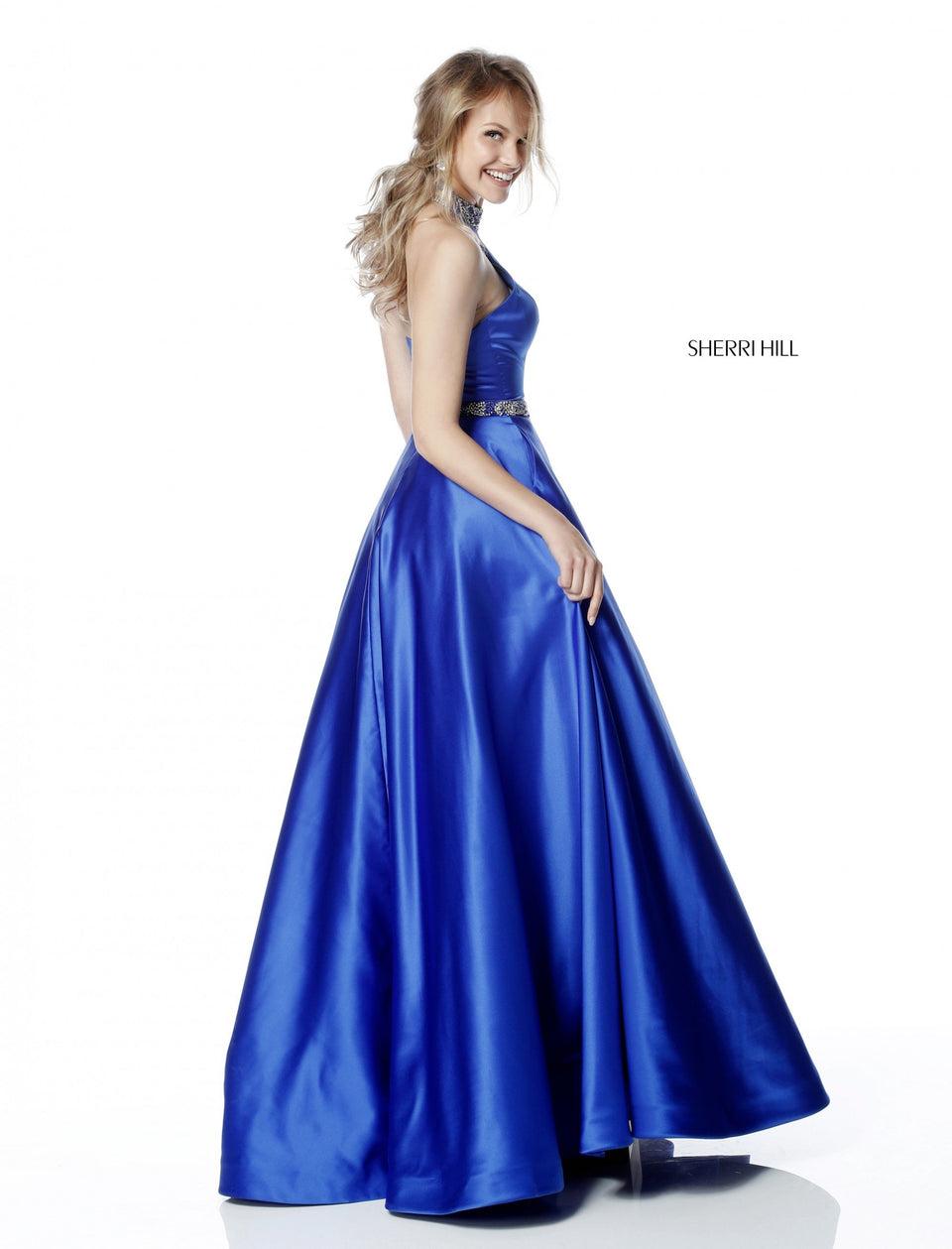 Sherri Hill Cut Out Halter Bodice Ball Gown With Beaded Neck And Belt