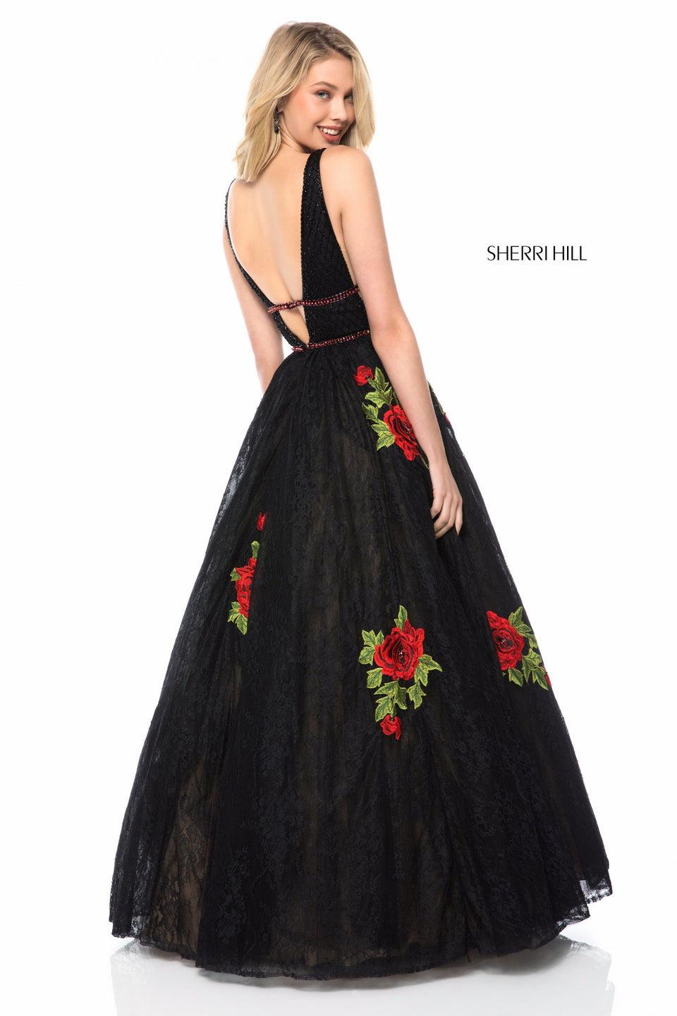 Sherri Hill Deep V Beaded Bodice With Lace Appliqued Ball Gown Skirt With Floral Detail