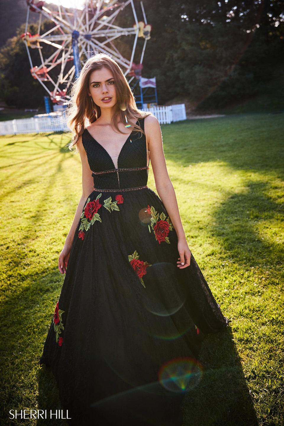 Sherri Hill Deep V Beaded Bodice With Lace Appliqued Ball Gown Skirt With Floral Detail