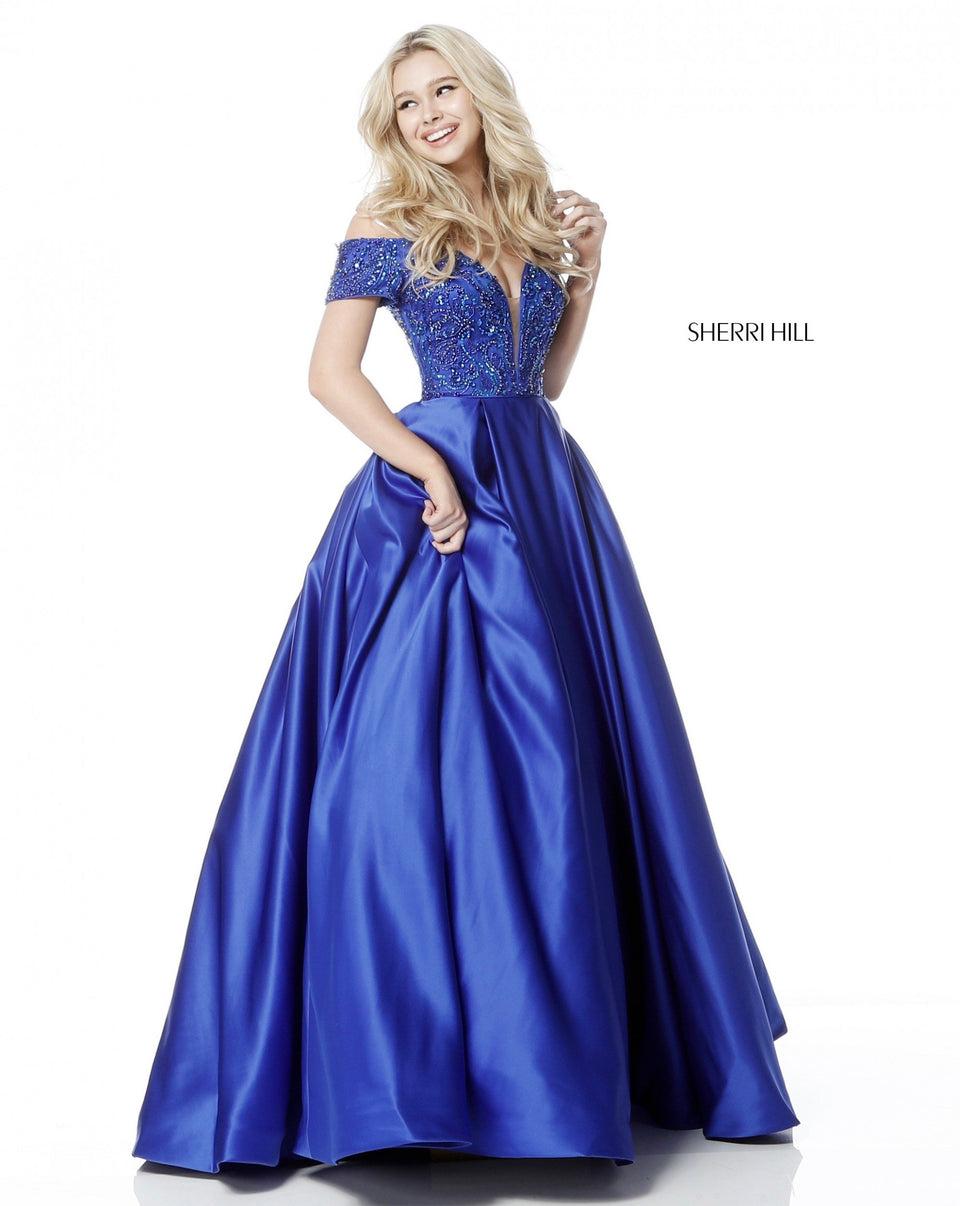 Sherri Hill Deep V Beaded Bodice With Off-the- Shoulder Straps And Satin Ball Gown Skirt
