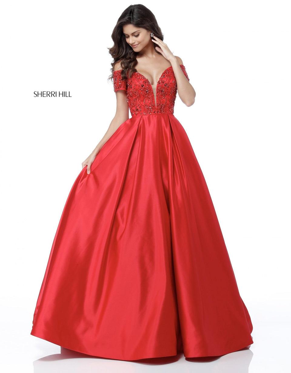 Sherri Hill Deep V Beaded Bodice With Off-the- Shoulder Straps And Satin Ball Gown Skirt