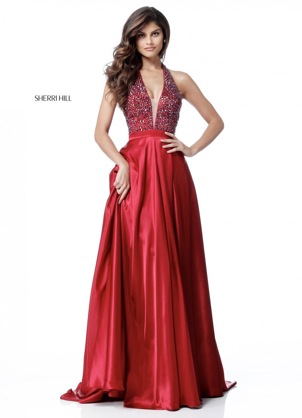Sherri Hill Deep V Beaded Halter Bodice With Silk Charmeuse Skirt