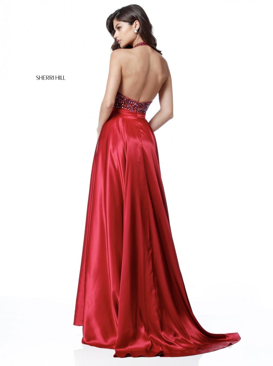 Sherri Hill Deep V Beaded Halter Bodice With Silk Charmeuse Skirt