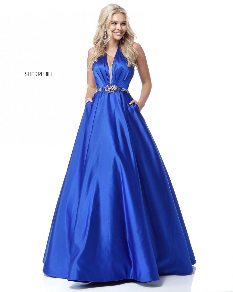 sherri hill Deep V halter bodice ball gown with bead encrusted belt