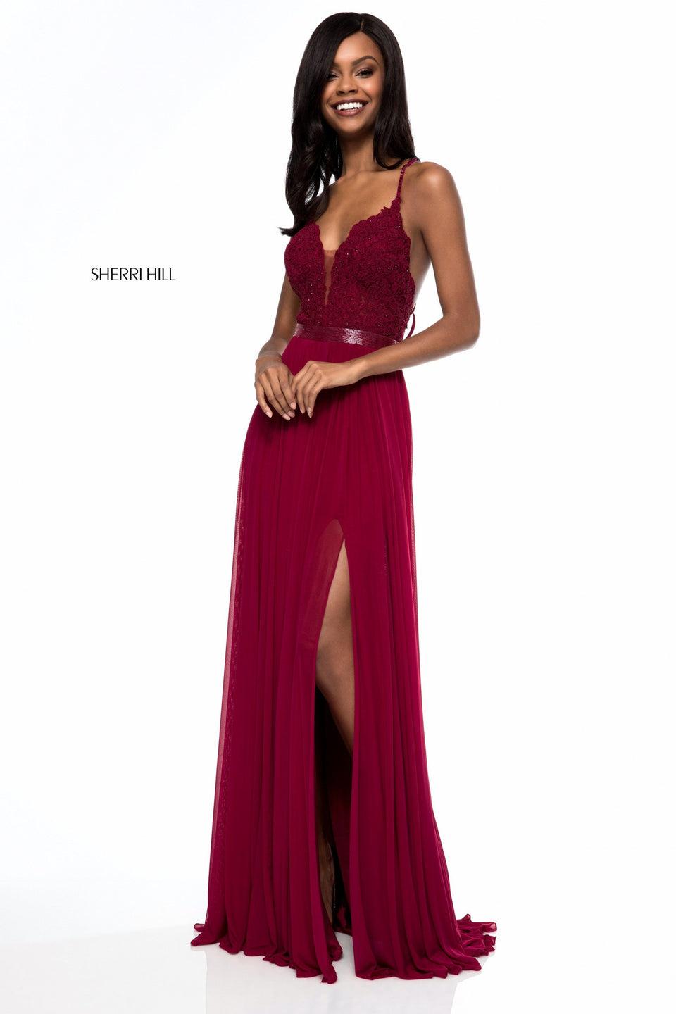 Sherri Hill Deep V Lace Appliqued Bodice With Criss Cross Straps In The Back And Chiffon Skirt