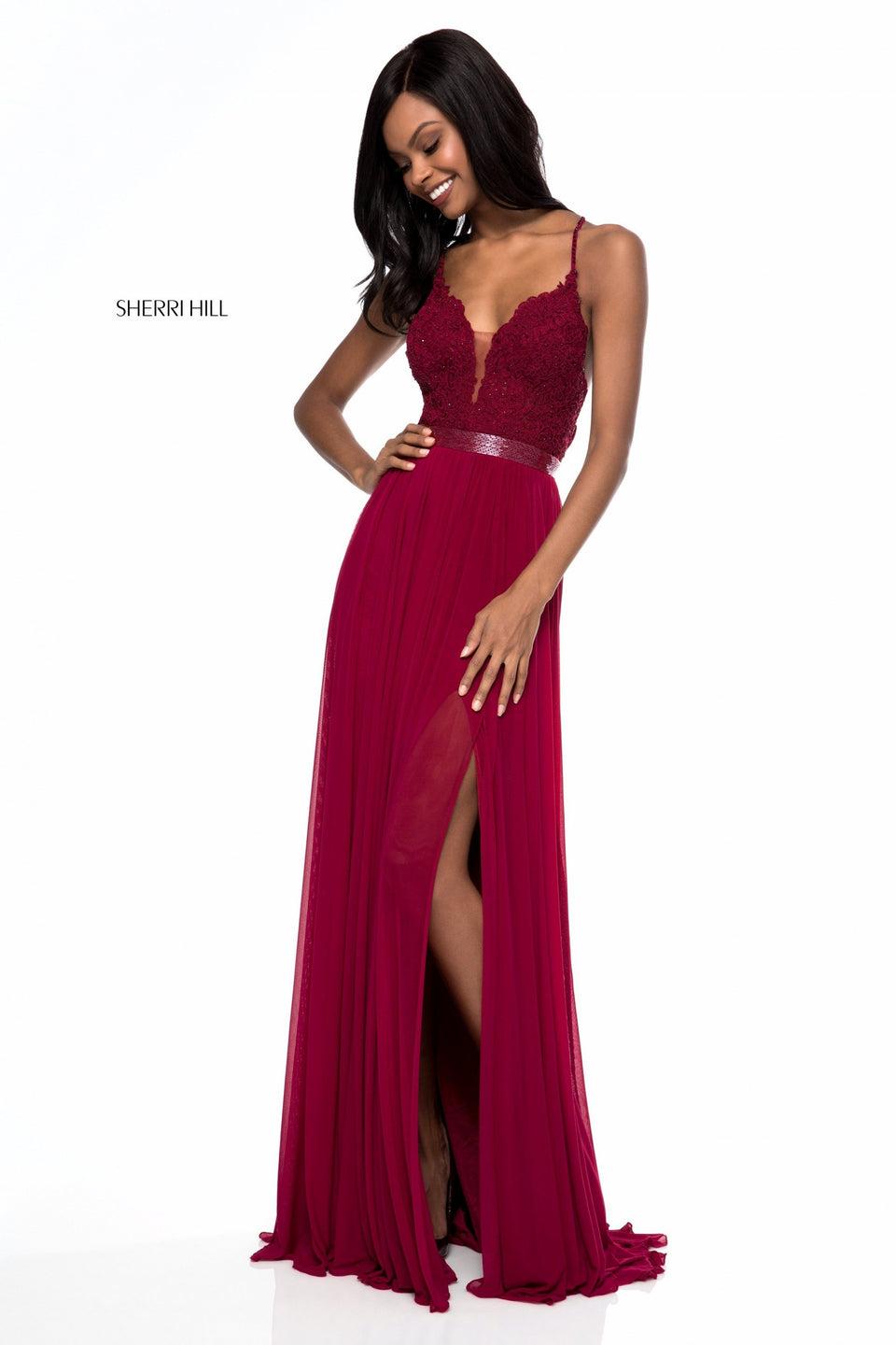 Sherri Hill Deep V Lace Appliqued Bodice With Criss Cross Straps In The Back And Chiffon Skirt