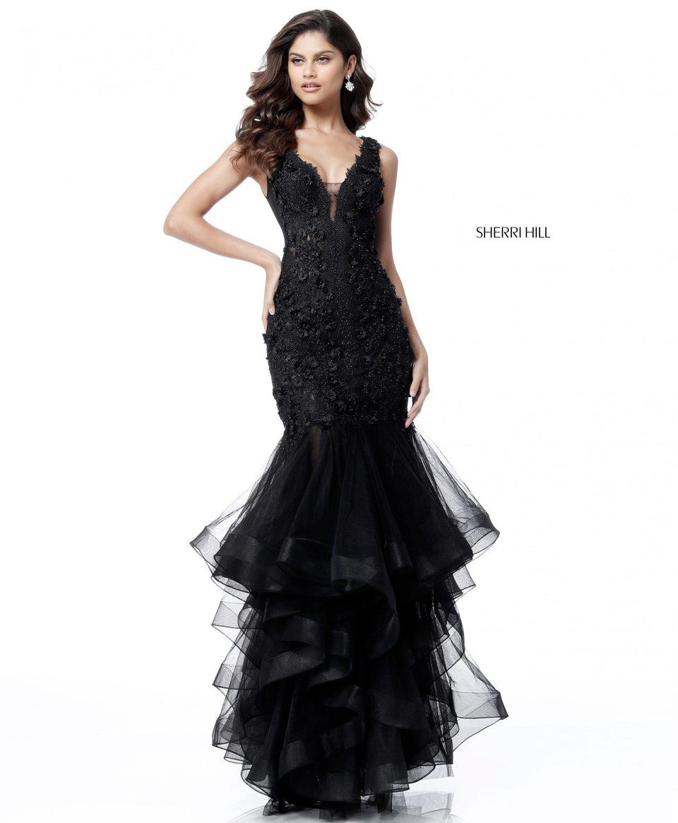 Sherri Hill Deep V Lace Appliqued Bodice With Ruffled Tulle Mermaid Skirt