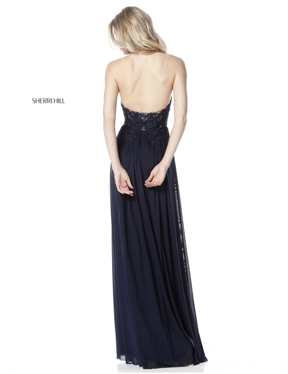 Sherri Hill Deep V Lace Appliqued Halter Bodice With Chiffon Skirt