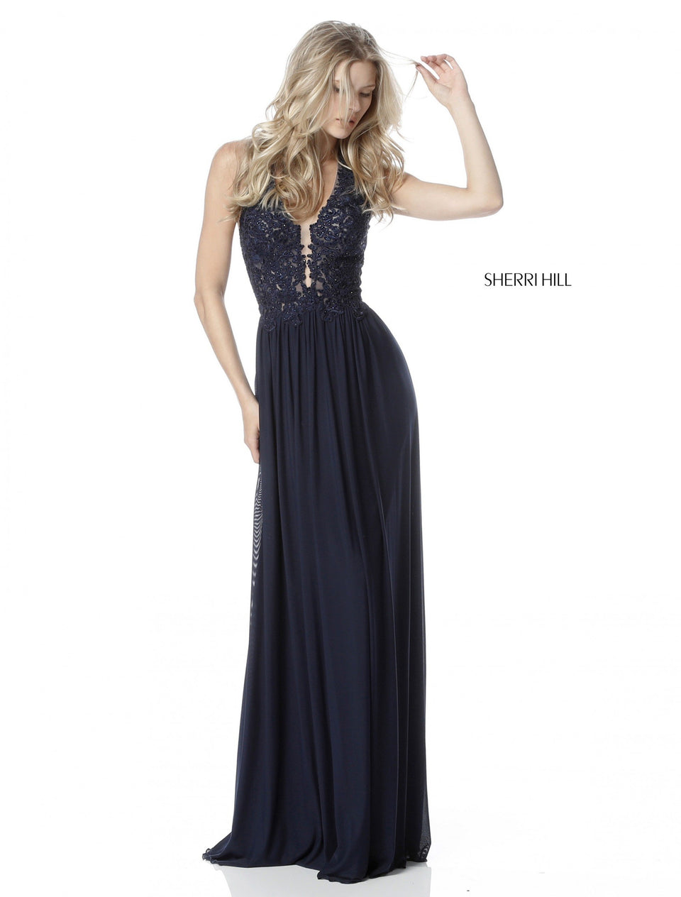 sherri hill Deep V lace appliqued halter bodice with chiffon skirt