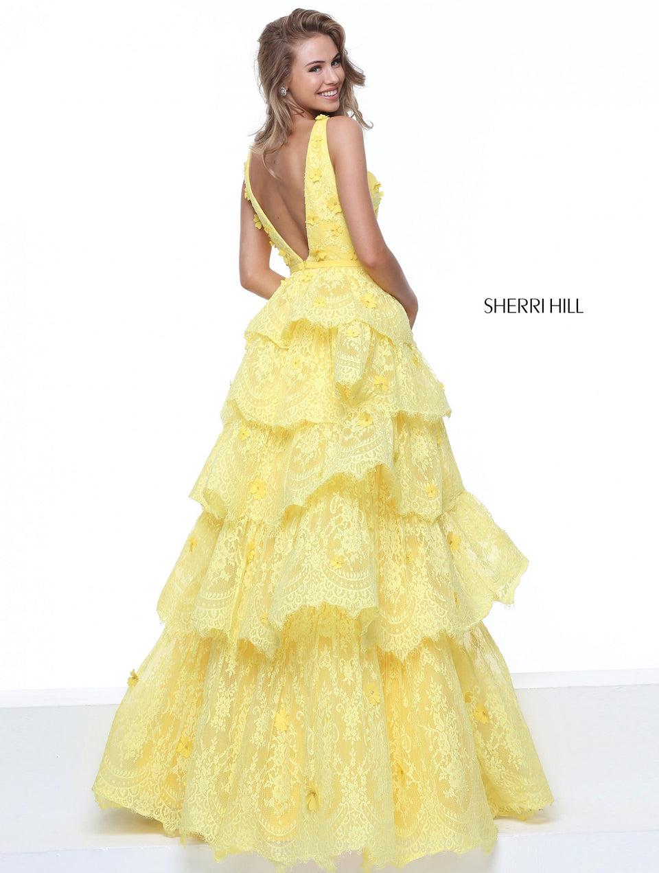 Sherri Hill Deep V-neck Bodice With A Lace Tiered Skirt And Flower Appliques