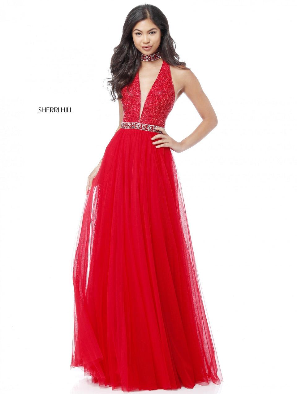 Sherri Hill Deep V Sequin Bodice With Beaded Choker And Chiffon Skirt