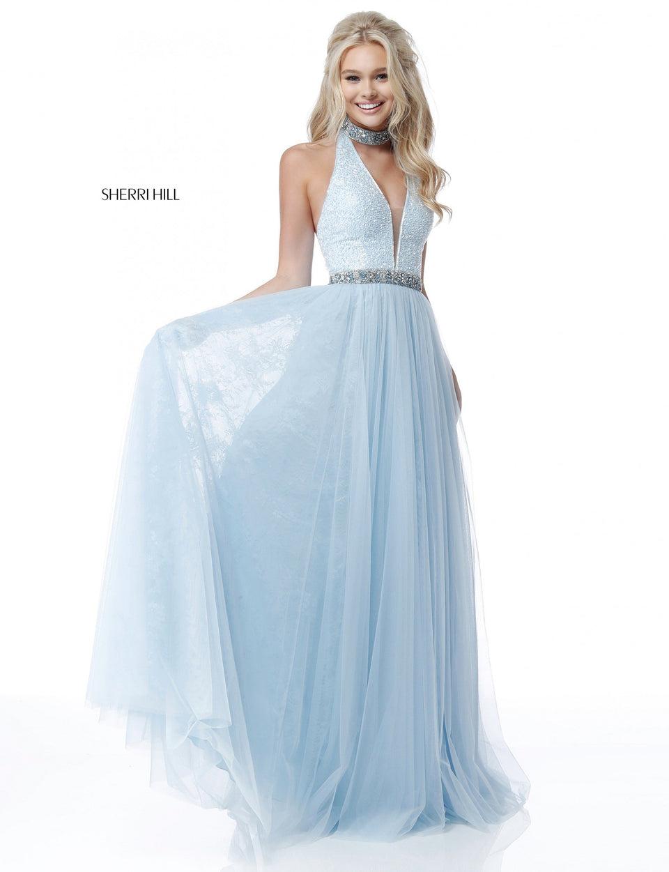 sherri hill Deep V sequin bodice with beaded choker and chiffon skirt
