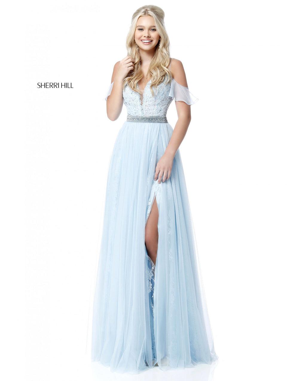 Sherri Hill Deep V Sweetheart Top With Lace Appliques And Off-the-shoulder Straps Chiffon Overskirt With Slit