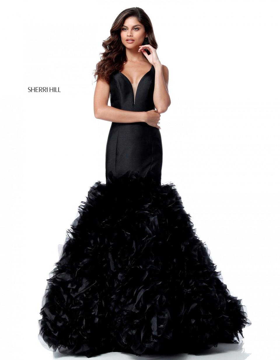 Sherri Hill Deep V Taffeta Bodice With Low Back And Ruffle Tulle Mermaid Skirt
