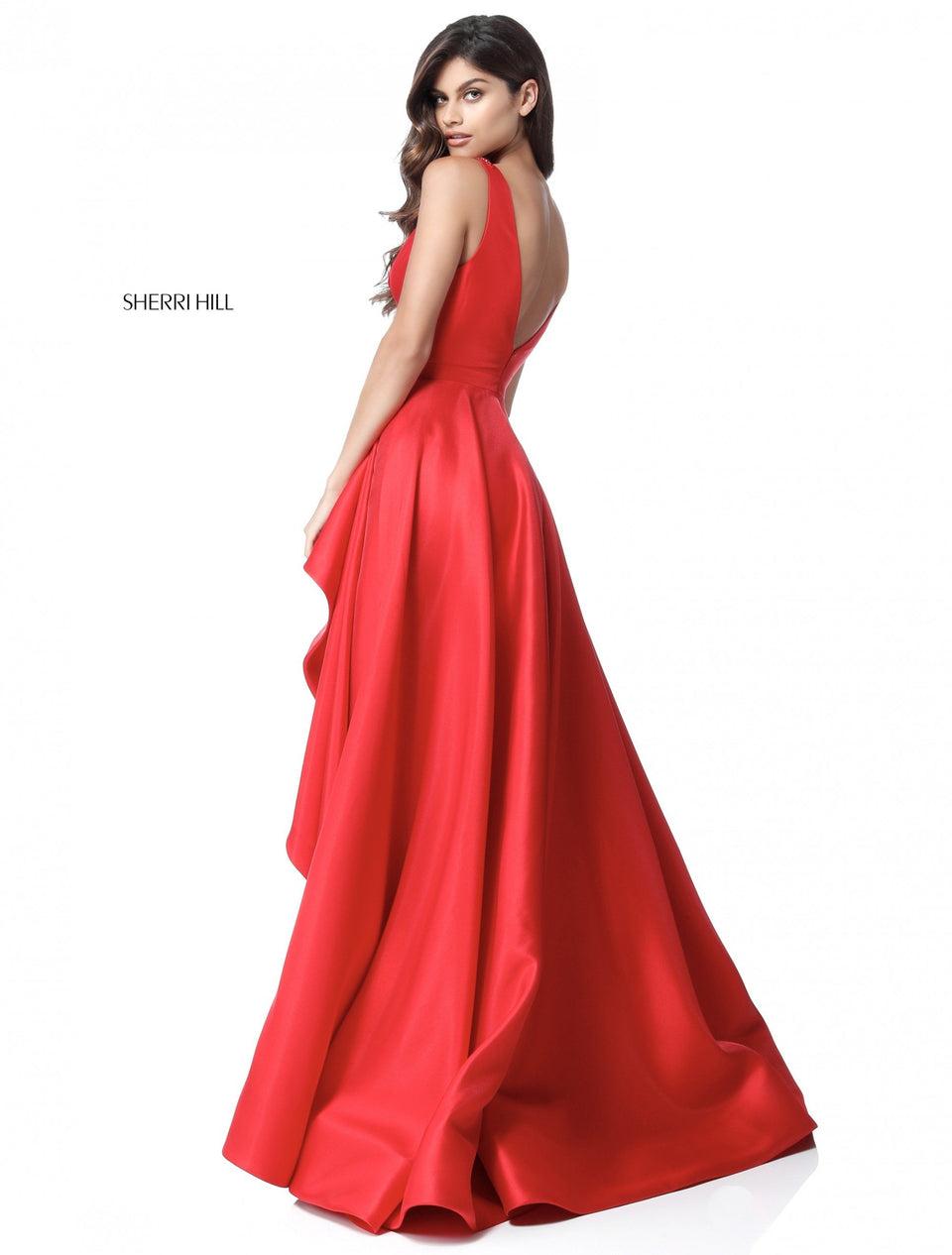Sherri Hill Deep V Taffeta Gown With A-line Ruffle Slit Skirt And Beaded Detail On Shoulders