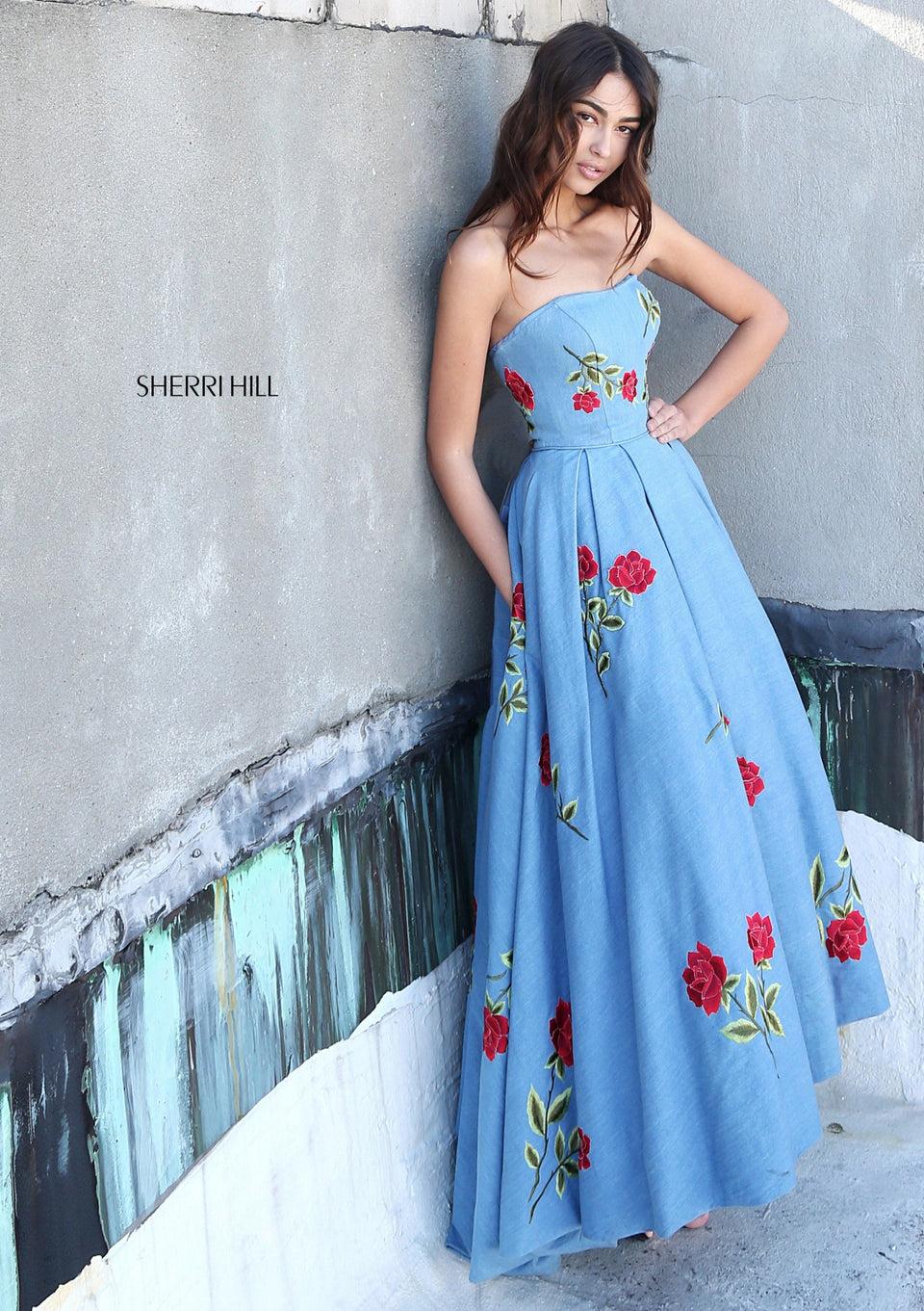 sherri hill Denim Audrey length dress with embroidered flowers and strapless neckline